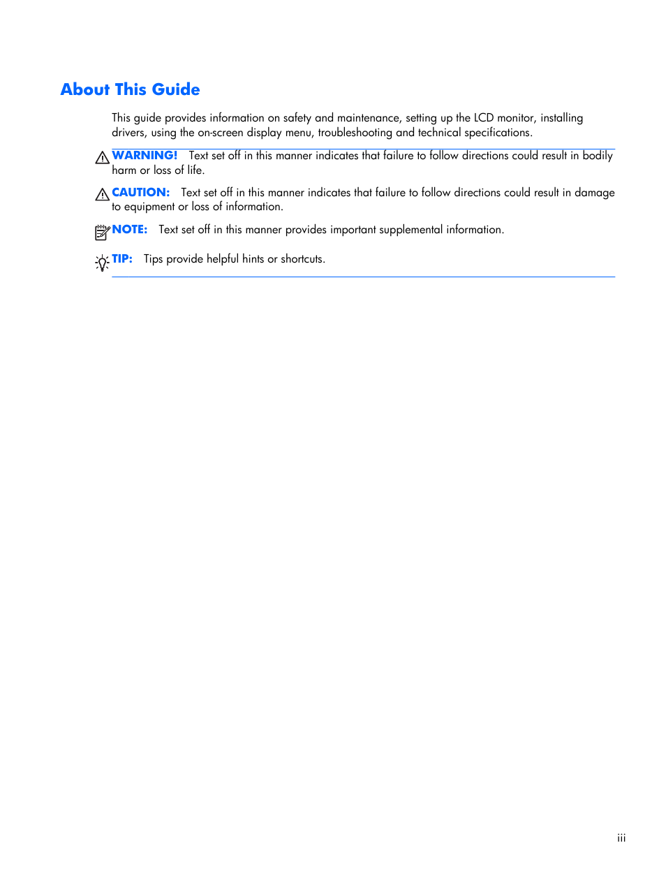 About this guide | HP 2011x 20-inch LED Backlit LCD Monitor User Manual | Page 3 / 42