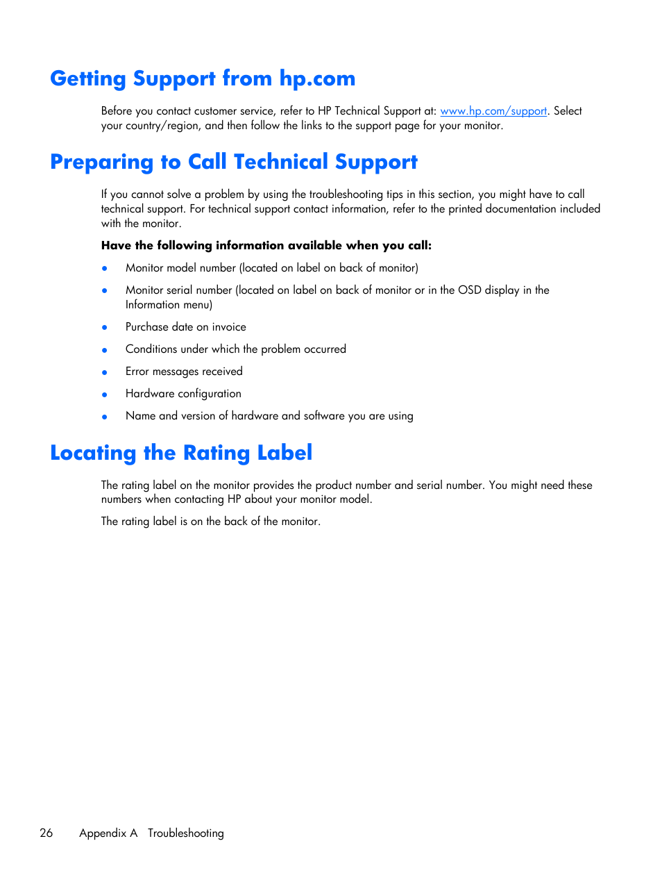 Getting support from hp.com, Preparing to call technical support, Locating the rating label | HP 2011x 20-inch LED Backlit LCD Monitor User Manual | Page 32 / 42