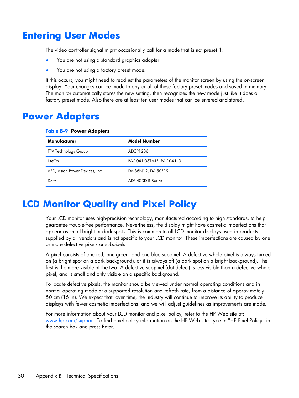 Entering user modes, Power adapters, Lcd monitor quality and pixel policy | HP 2011x 20-inch LED Backlit LCD Monitor User Manual | Page 36 / 42