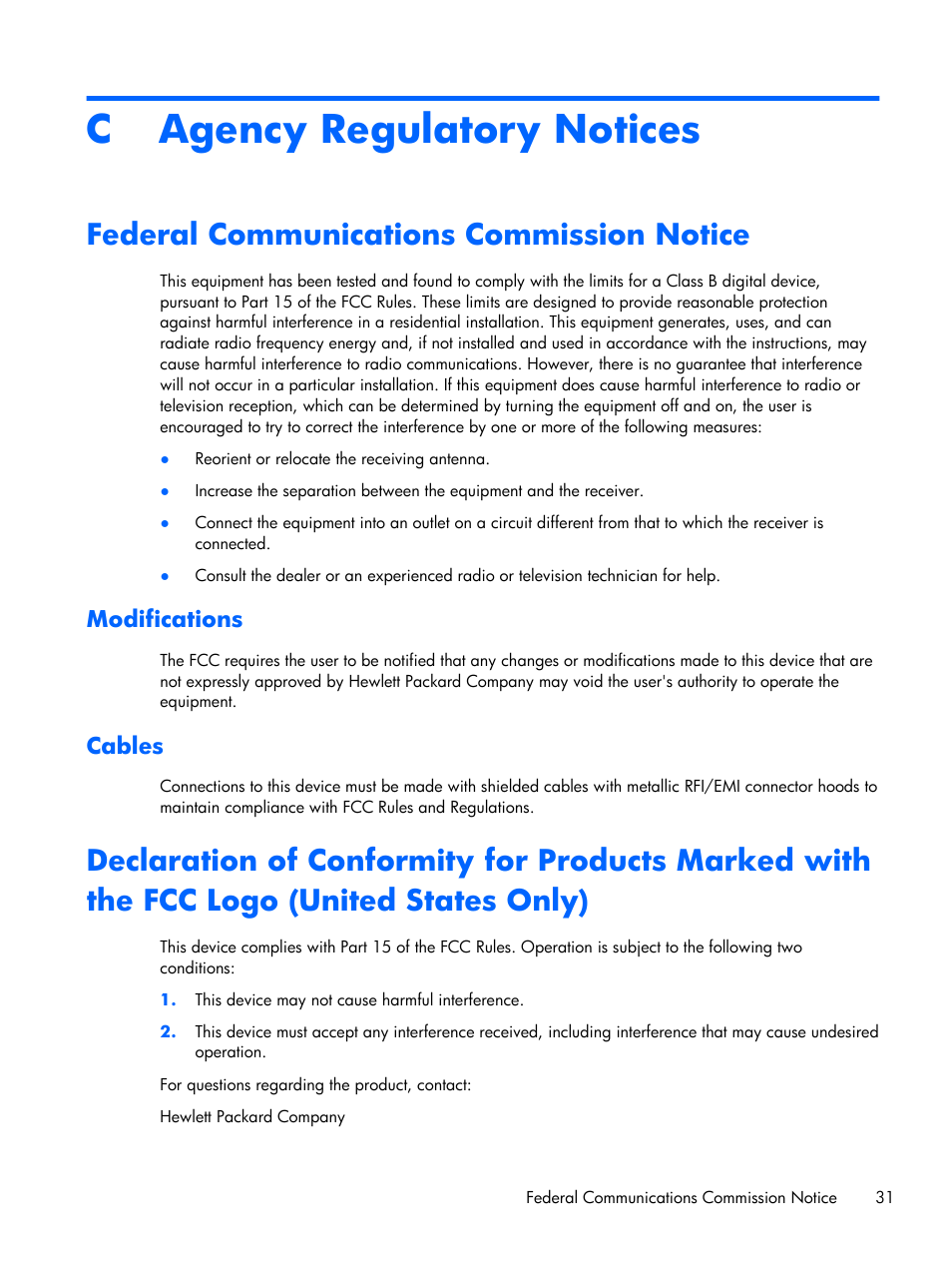 Agency regulatory notices, Federal communications commission notice, Modifications | Cables, Appendix c agency regulatory notices, Modifications cables, C agency regulatory notices | HP 2011x 20-inch LED Backlit LCD Monitor User Manual | Page 37 / 42