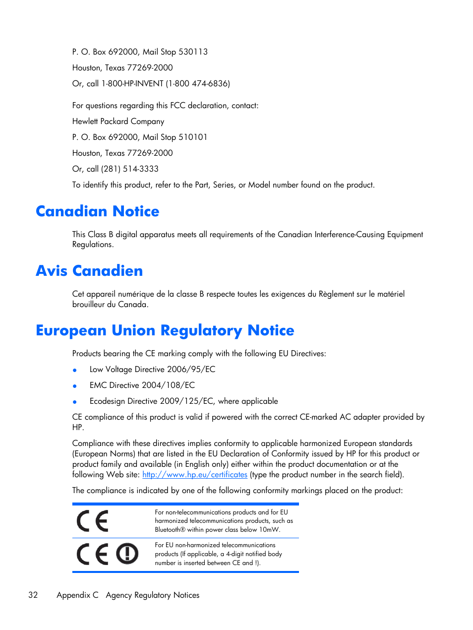 Canadian notice, Avis canadien, European union regulatory notice | HP 2011x 20-inch LED Backlit LCD Monitor User Manual | Page 38 / 42