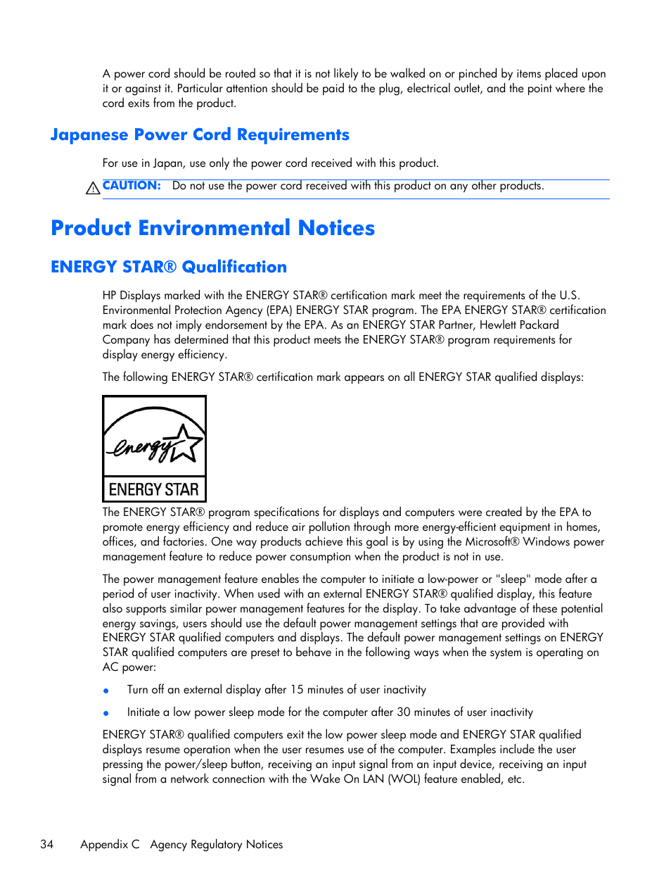 Japanese power cord requirements, Product environmental notices, Energy star® qualification | HP 2011x 20-inch LED Backlit LCD Monitor User Manual | Page 40 / 42
