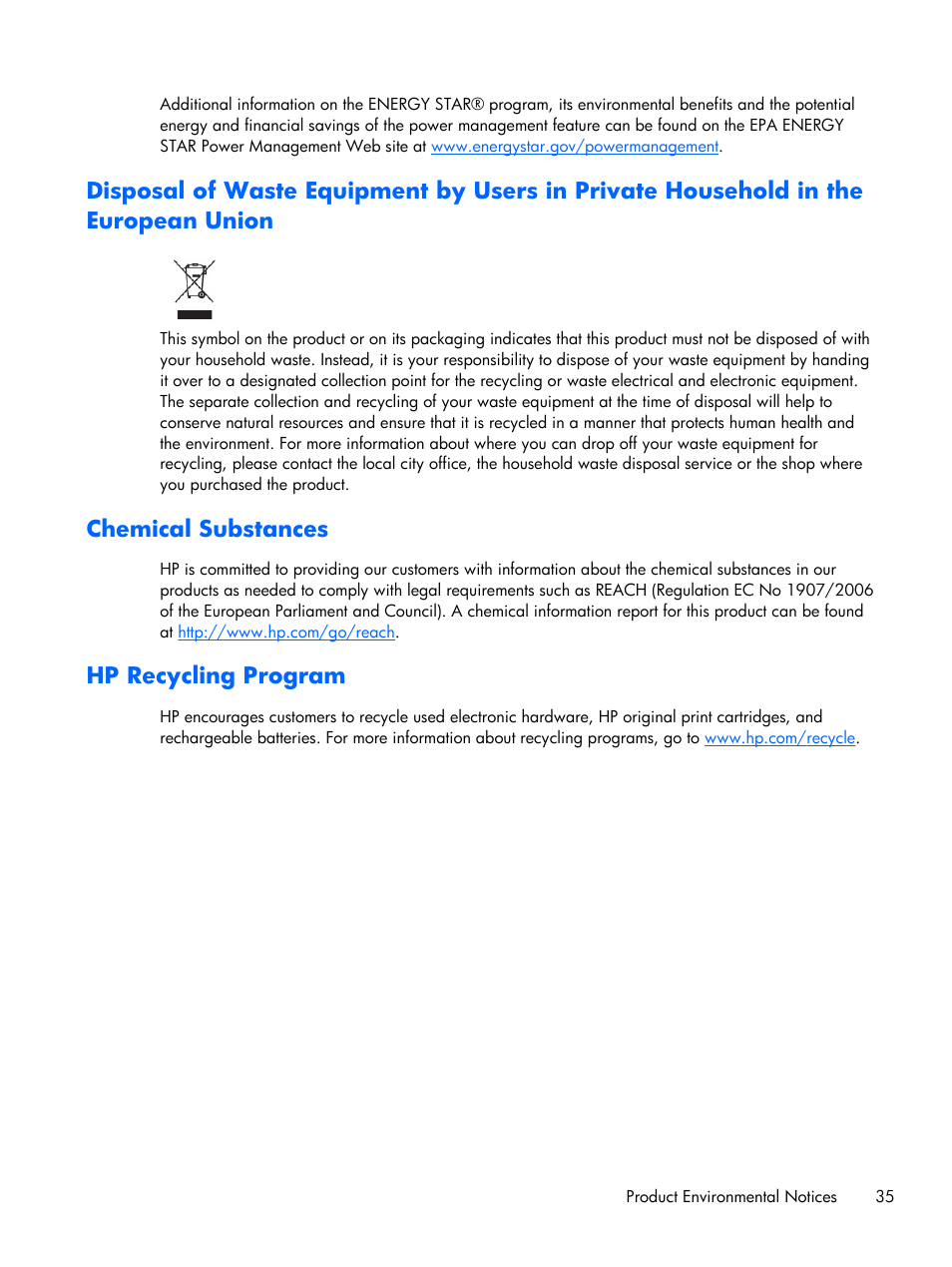 Chemical substances, Hp recycling program | HP 2011x 20-inch LED Backlit LCD Monitor User Manual | Page 41 / 42