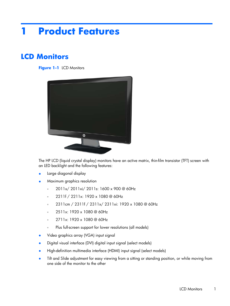 Product features, Lcd monitors, 1 product features | HP 2011x 20-inch LED Backlit LCD Monitor User Manual | Page 7 / 42
