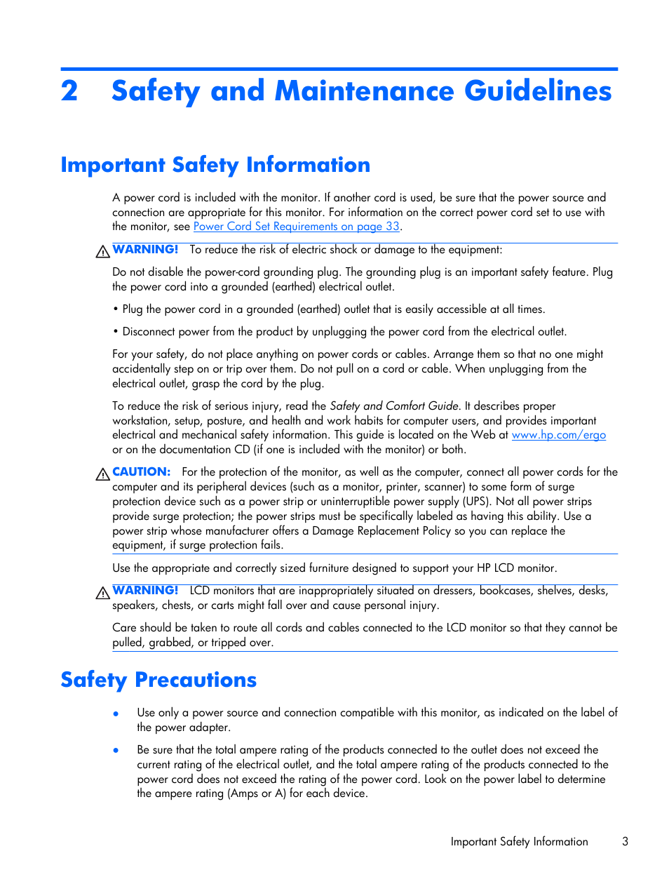 Safety and maintenance guidelines, Important safety information, Safety precautions | 2 safety and maintenance guidelines, Important safety information safety precautions | HP 2011x 20-inch LED Backlit LCD Monitor User Manual | Page 9 / 42