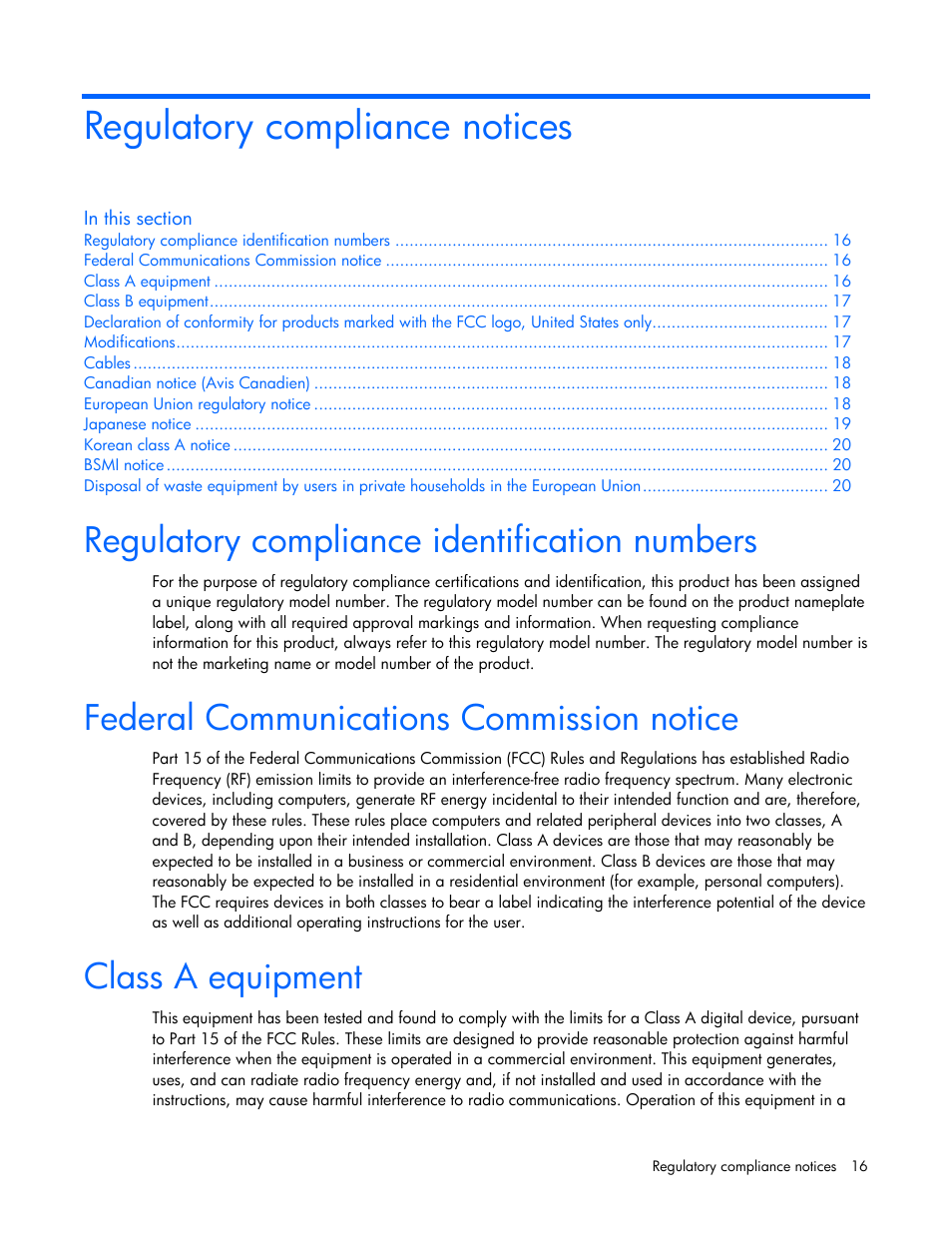 Regulatory compliance notices, Regulatory compliance identification numbers, Federal communications commission notice | Class a equipment | HP NC340T PCI-X Quad-port Gigabit Server Adapter User Manual | Page 16 / 23