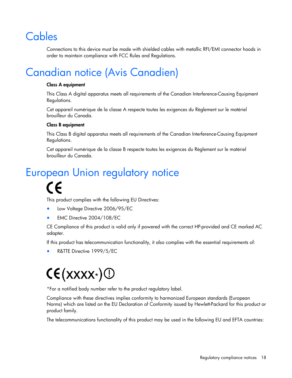Cables, Canadian notice (avis canadien), European union regulatory notice | HP NC340T PCI-X Quad-port Gigabit Server Adapter User Manual | Page 18 / 23