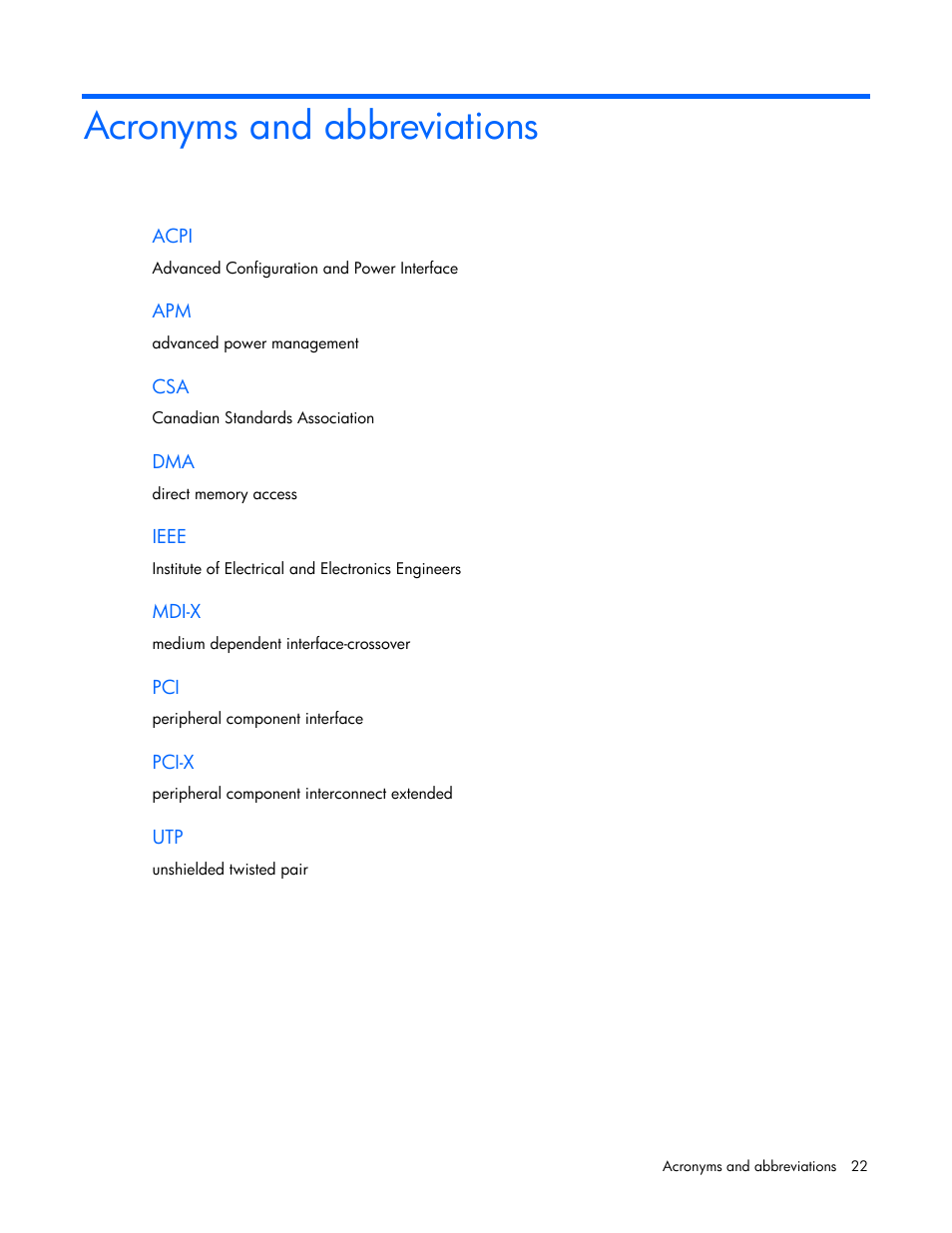 Acronyms and abbreviations | HP NC340T PCI-X Quad-port Gigabit Server Adapter User Manual | Page 22 / 23