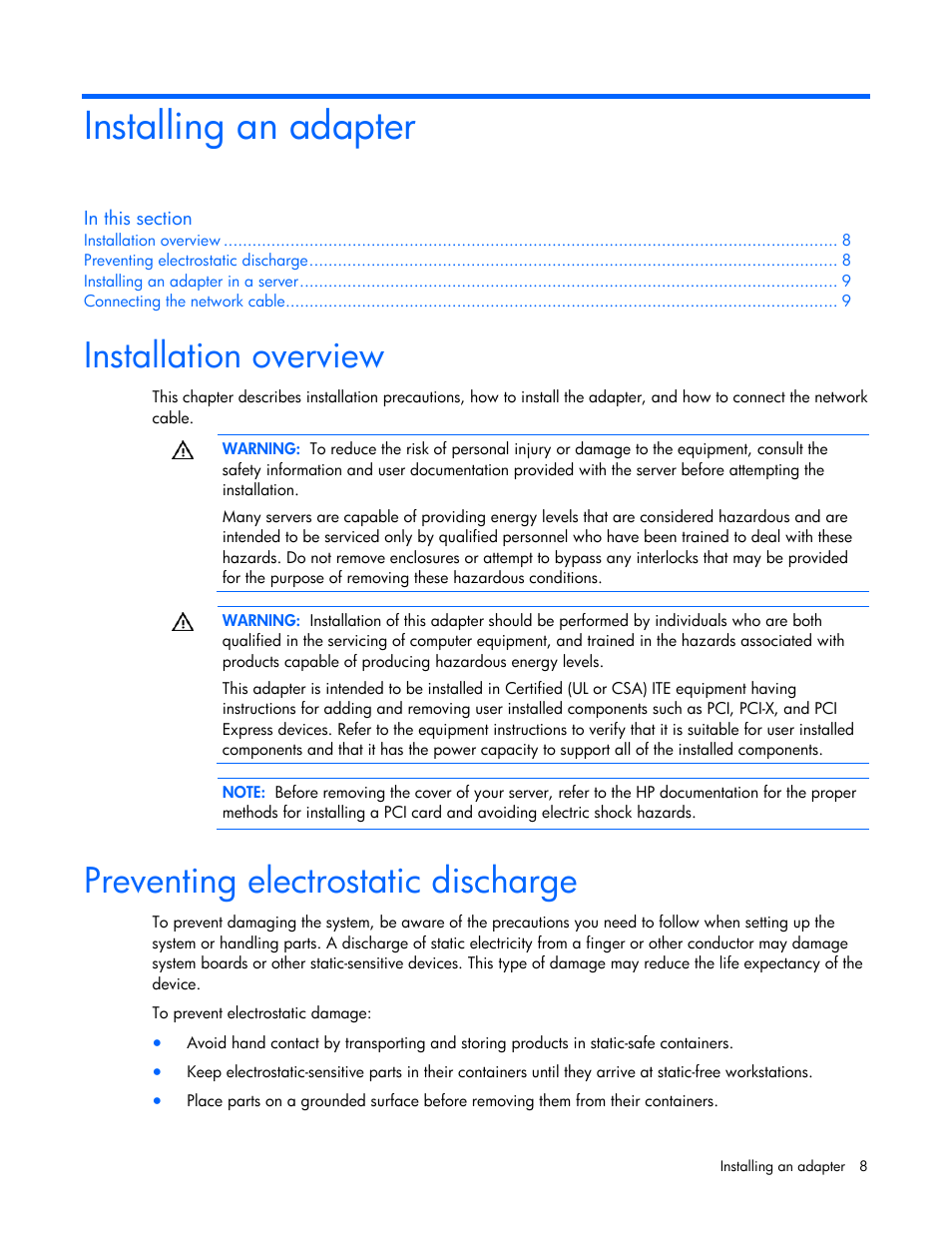 Installing an adapter, Installation overview, Preventing electrostatic discharge | HP NC340T PCI-X Quad-port Gigabit Server Adapter User Manual | Page 8 / 23