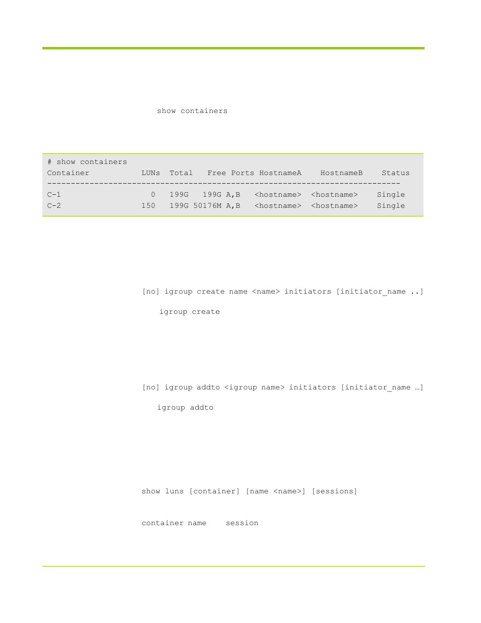 Vshare block storage management commands, Managing containers, Managing initiator groups | Managing luns | HP VMA-series Memory Arrays User Manual | Page 102 / 278