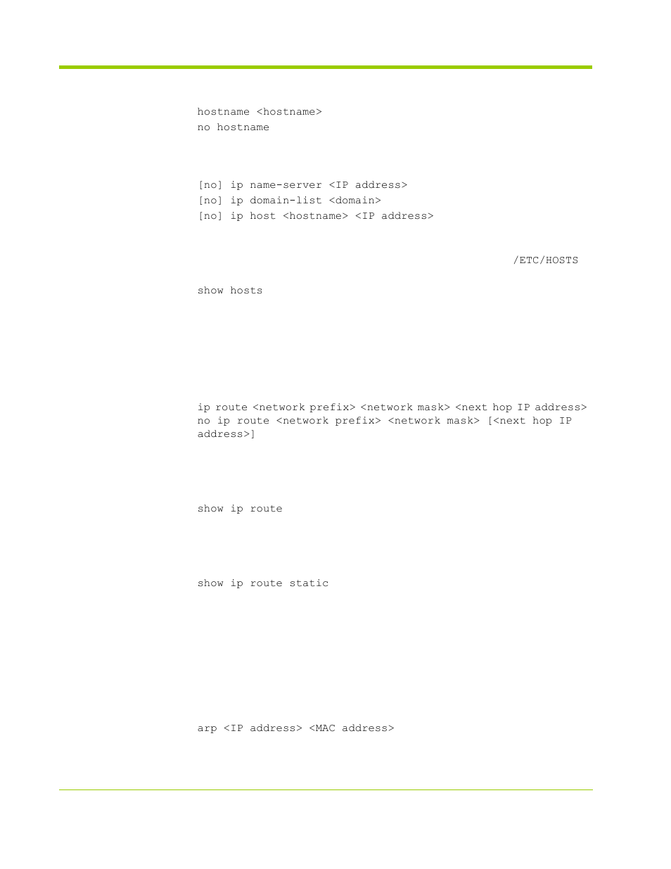 Name resolution commands, Routing commands, Additional cli commands | Arp configuration | HP VMA-series Memory Arrays User Manual | Page 152 / 278