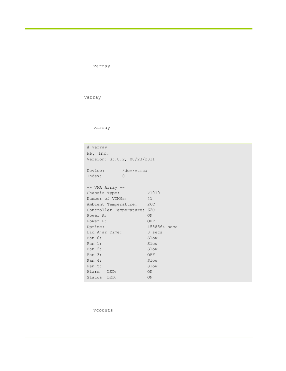 Vma utilities reference, Varray, Vcounts | HP VMA-series Memory Arrays User Manual | Page 214 / 278
