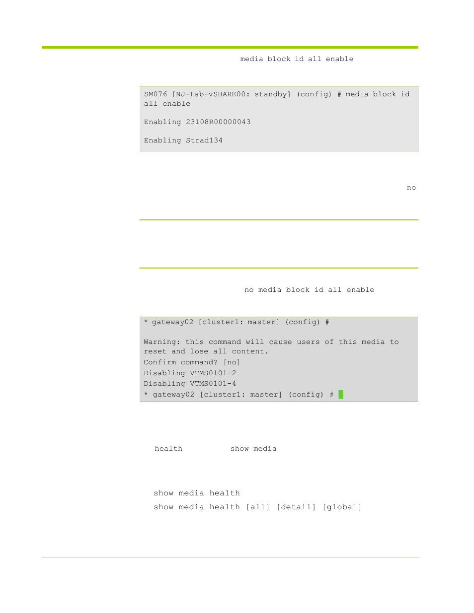 Show media health commands, No media block id all enable | HP VMA-series Memory Arrays User Manual | Page 98 / 278