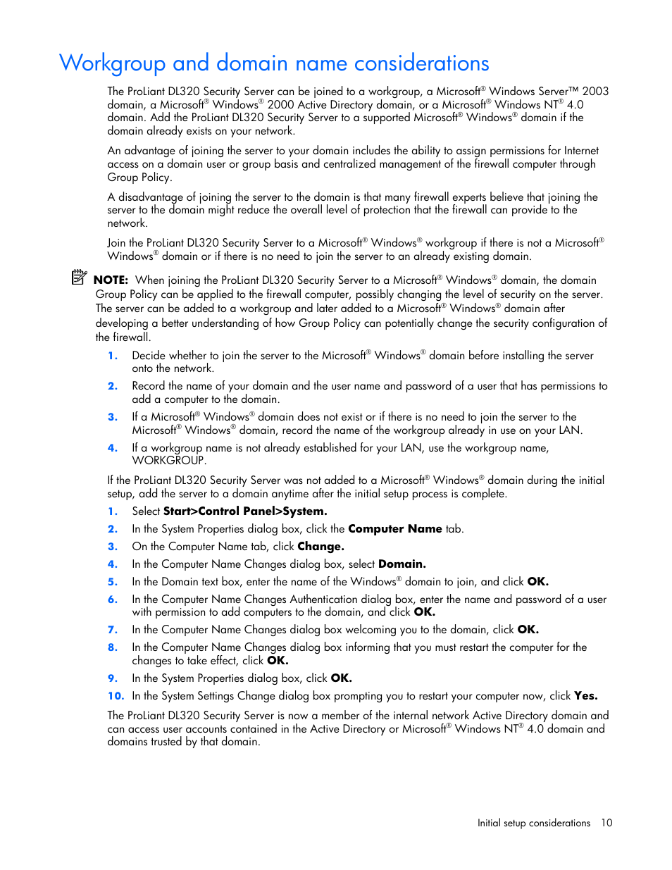 Workgroup and domain name considerations | HP ProLiant DL320 G4 Server User Manual | Page 10 / 37