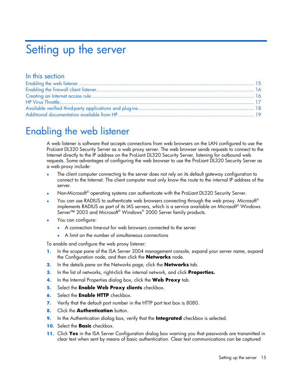 Setting up the server, Enabling the web listener | HP ProLiant DL320 G4 Server User Manual | Page 15 / 37