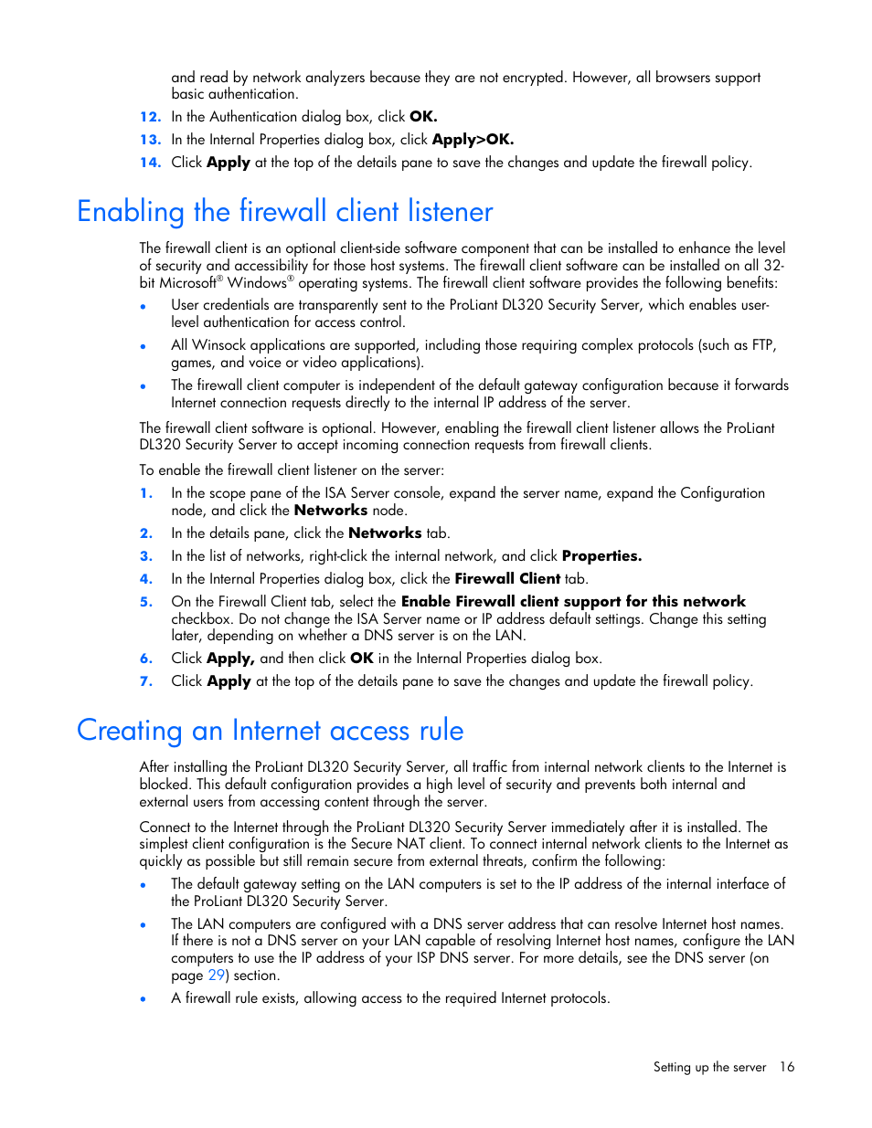 Enabling the firewall client listener, Creating an internet access rule, 16 creating an internet access rule | HP ProLiant DL320 G4 Server User Manual | Page 16 / 37