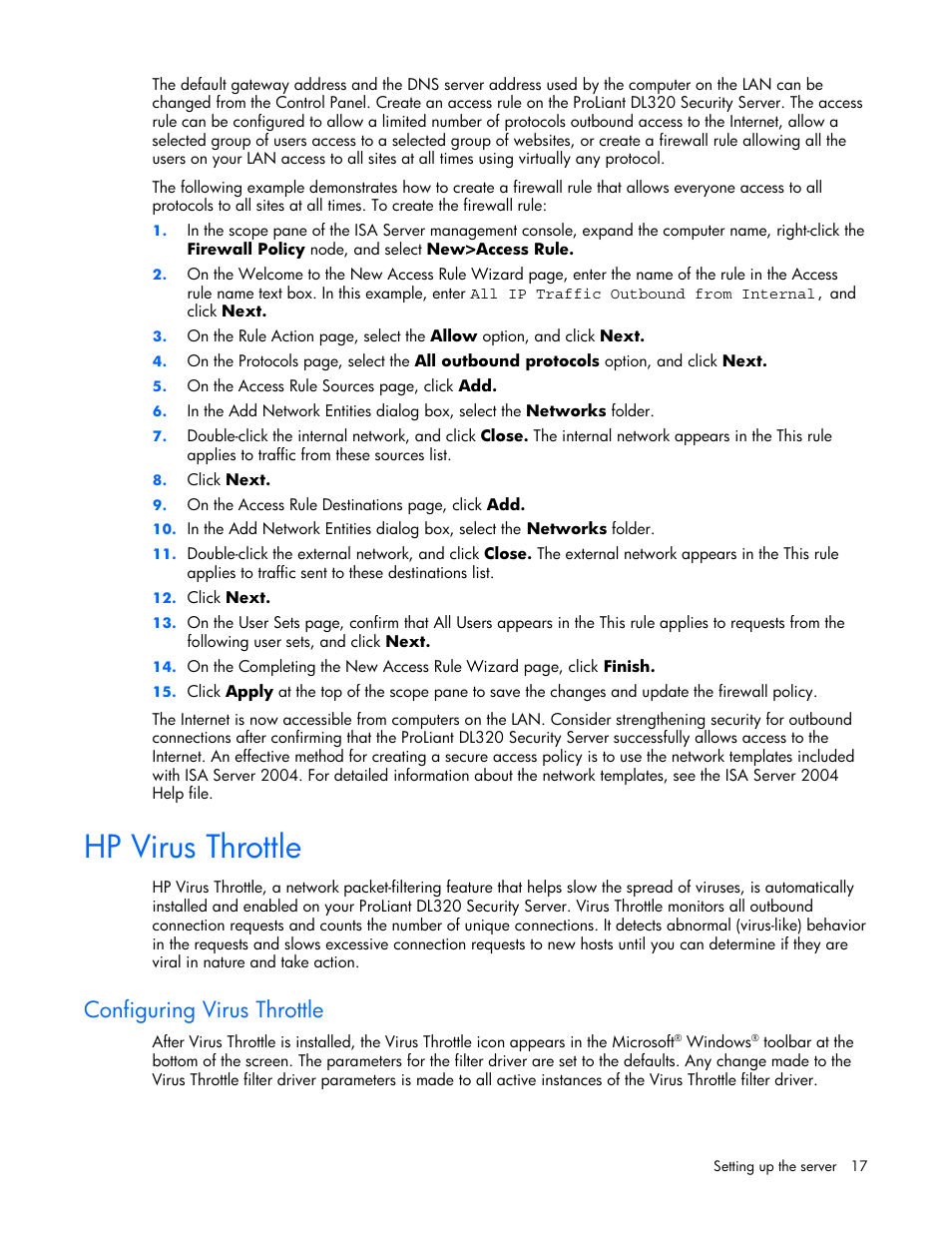 Hp virus throttle, Configuring virus throttle | HP ProLiant DL320 G4 Server User Manual | Page 17 / 37