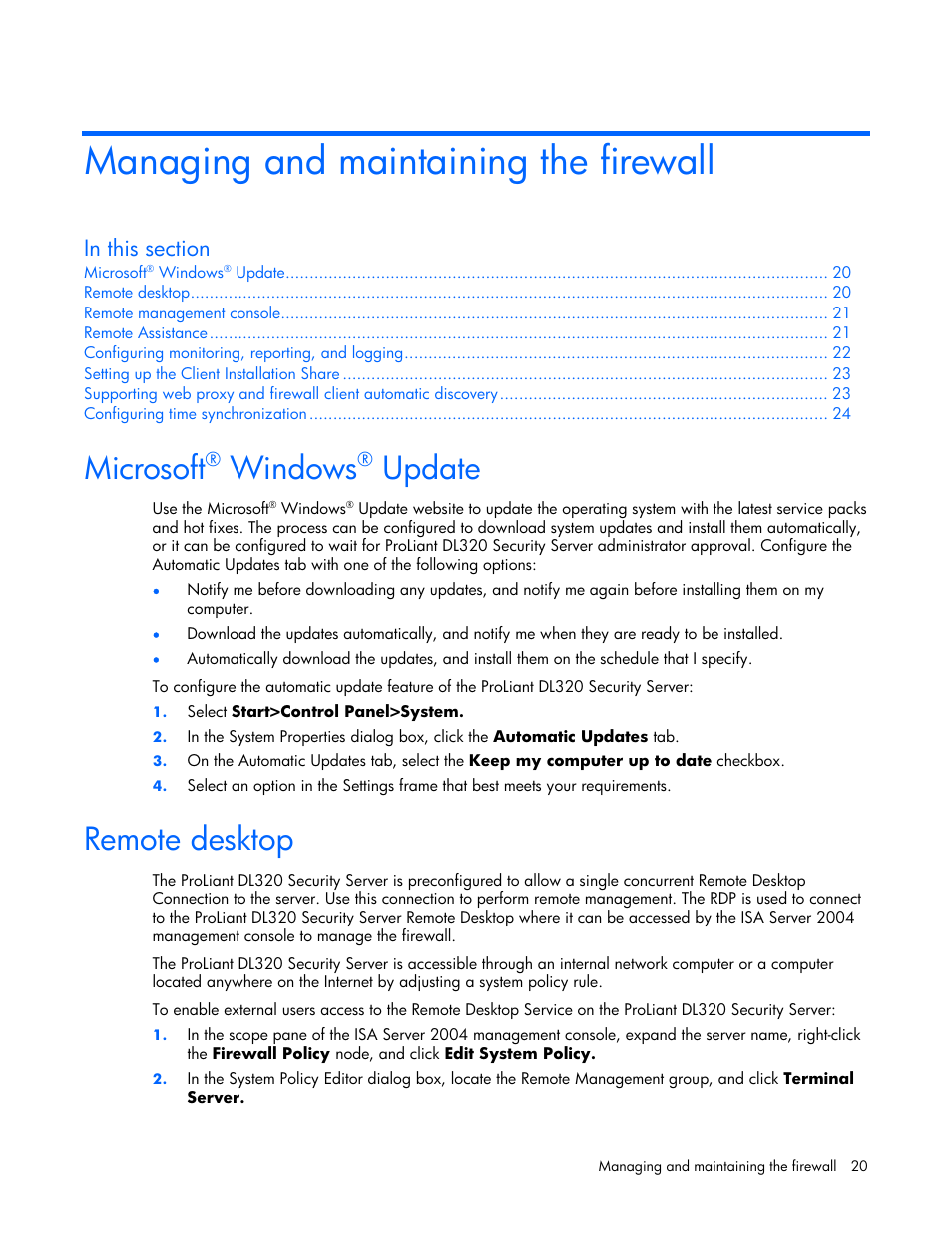 Managing and maintaining the firewall, Microsoft® windows® update, Remote desktop | Microsoft, Windows, Update | HP ProLiant DL320 G4 Server User Manual | Page 20 / 37