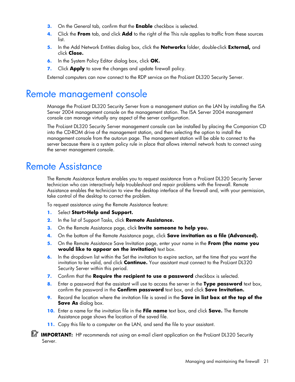 Remote management console, Remote assistance, 21 remote assistance | HP ProLiant DL320 G4 Server User Manual | Page 21 / 37