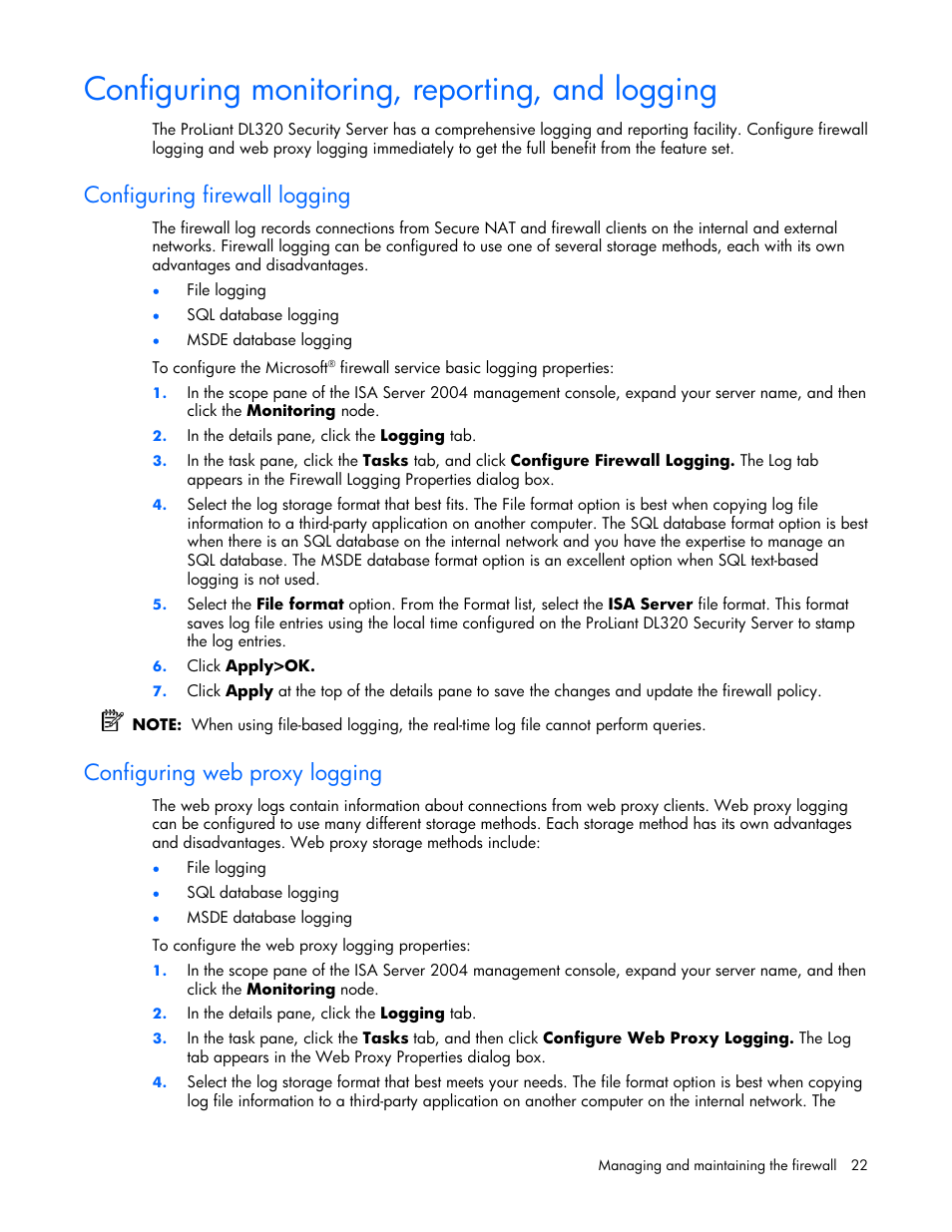 Configuring monitoring, reporting, and logging, Configuring firewall logging, Configuring web proxy logging | HP ProLiant DL320 G4 Server User Manual | Page 22 / 37