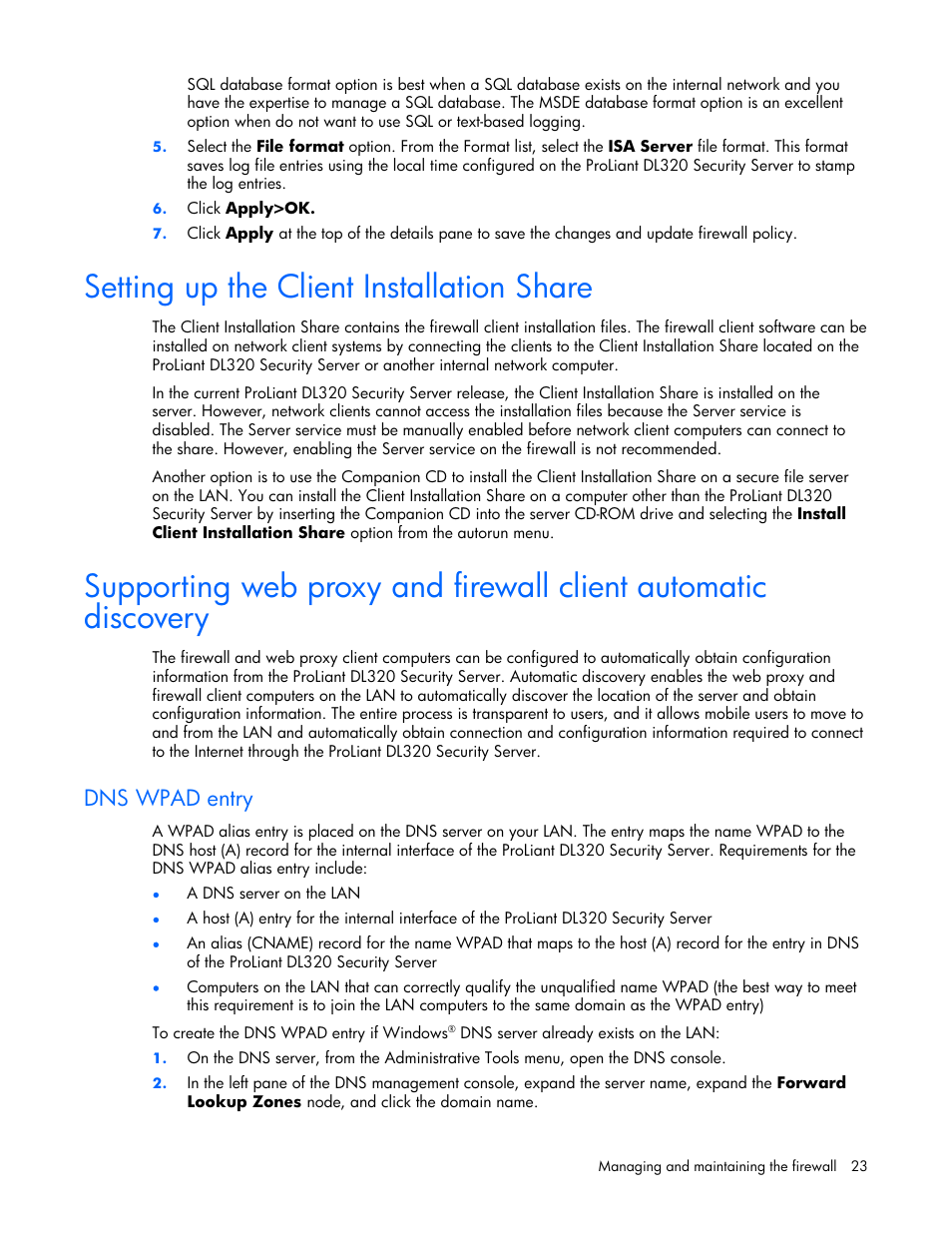 Setting up the client installation share, Dns wpad entry | HP ProLiant DL320 G4 Server User Manual | Page 23 / 37