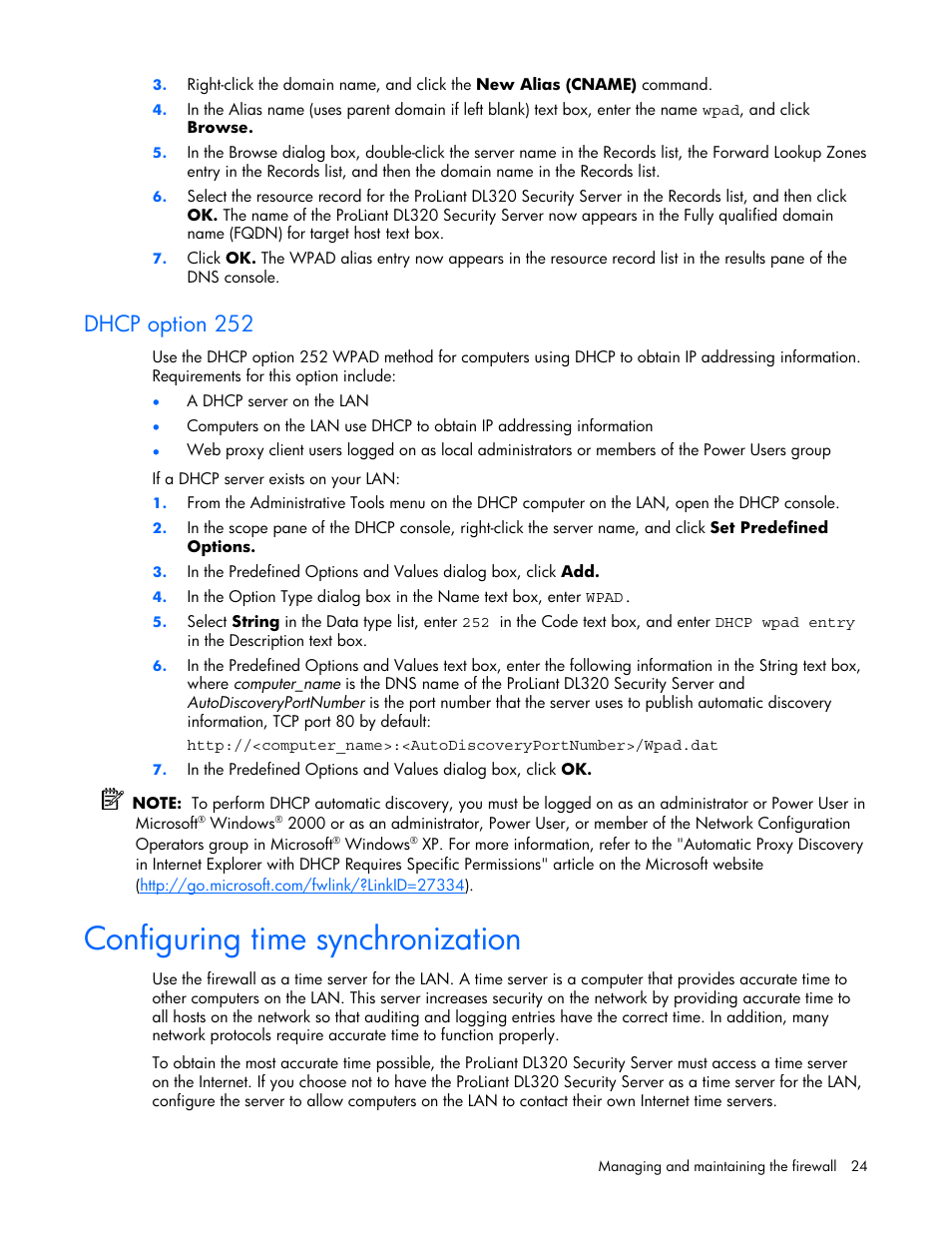 Dhcp option 252, Configuring time synchronization | HP ProLiant DL320 G4 Server User Manual | Page 24 / 37