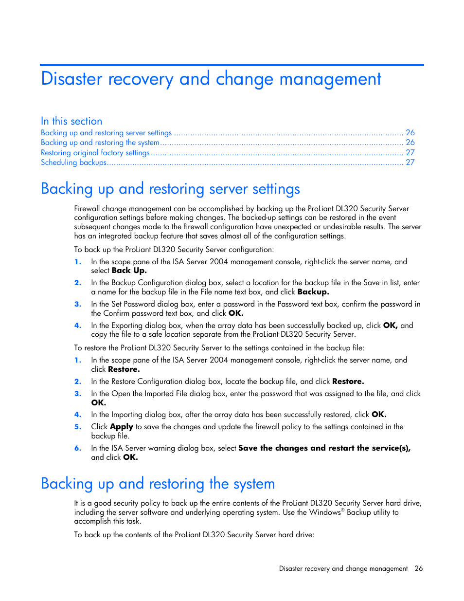 Disaster recovery and change management, Backing up and restoring server settings, Backing up and restoring the system | HP ProLiant DL320 G4 Server User Manual | Page 26 / 37