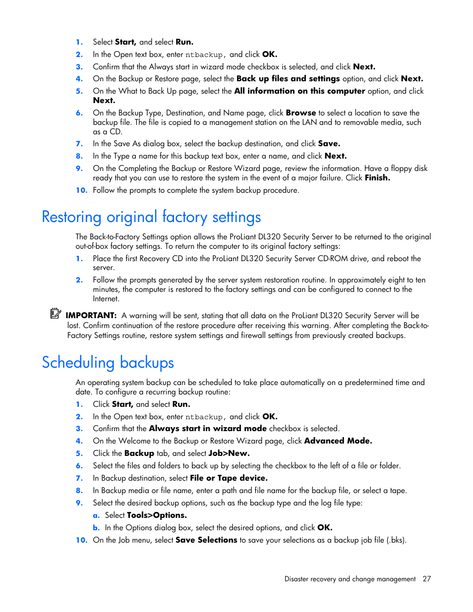 Restoring original factory settings, Scheduling backups, 27 scheduling backups | HP ProLiant DL320 G4 Server User Manual | Page 27 / 37