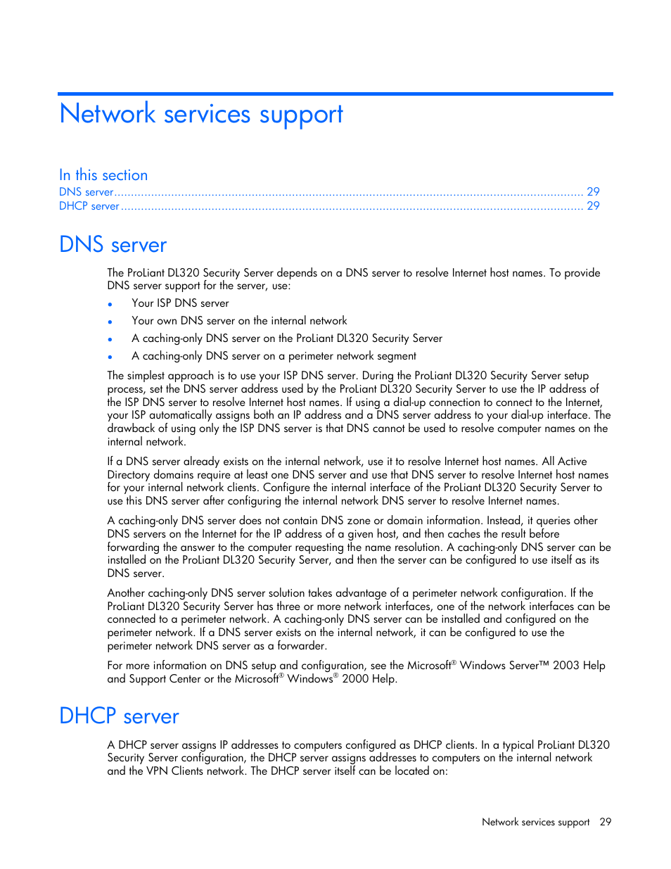 Network services support, Dns server, Dhcp server | HP ProLiant DL320 G4 Server User Manual | Page 29 / 37