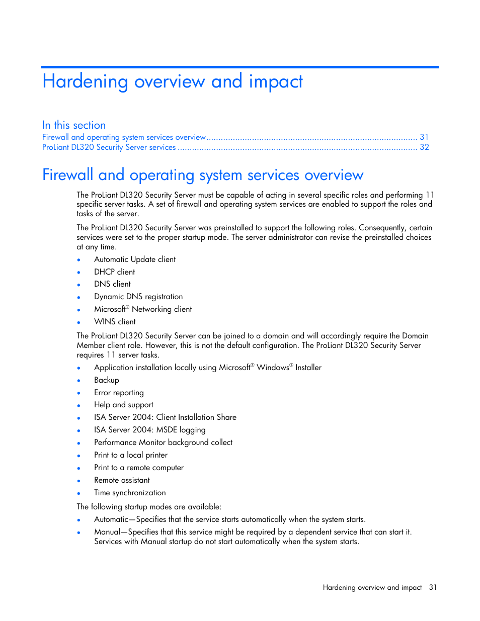 Hardening overview and impact, Firewall and operating system services overview | HP ProLiant DL320 G4 Server User Manual | Page 31 / 37