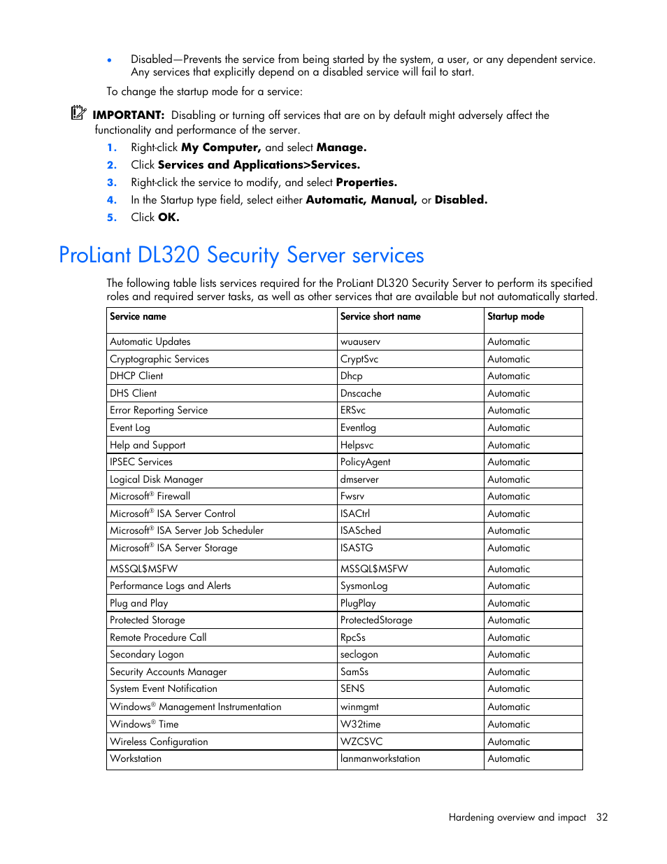 Proliant dl320 security server services | HP ProLiant DL320 G4 Server User Manual | Page 32 / 37