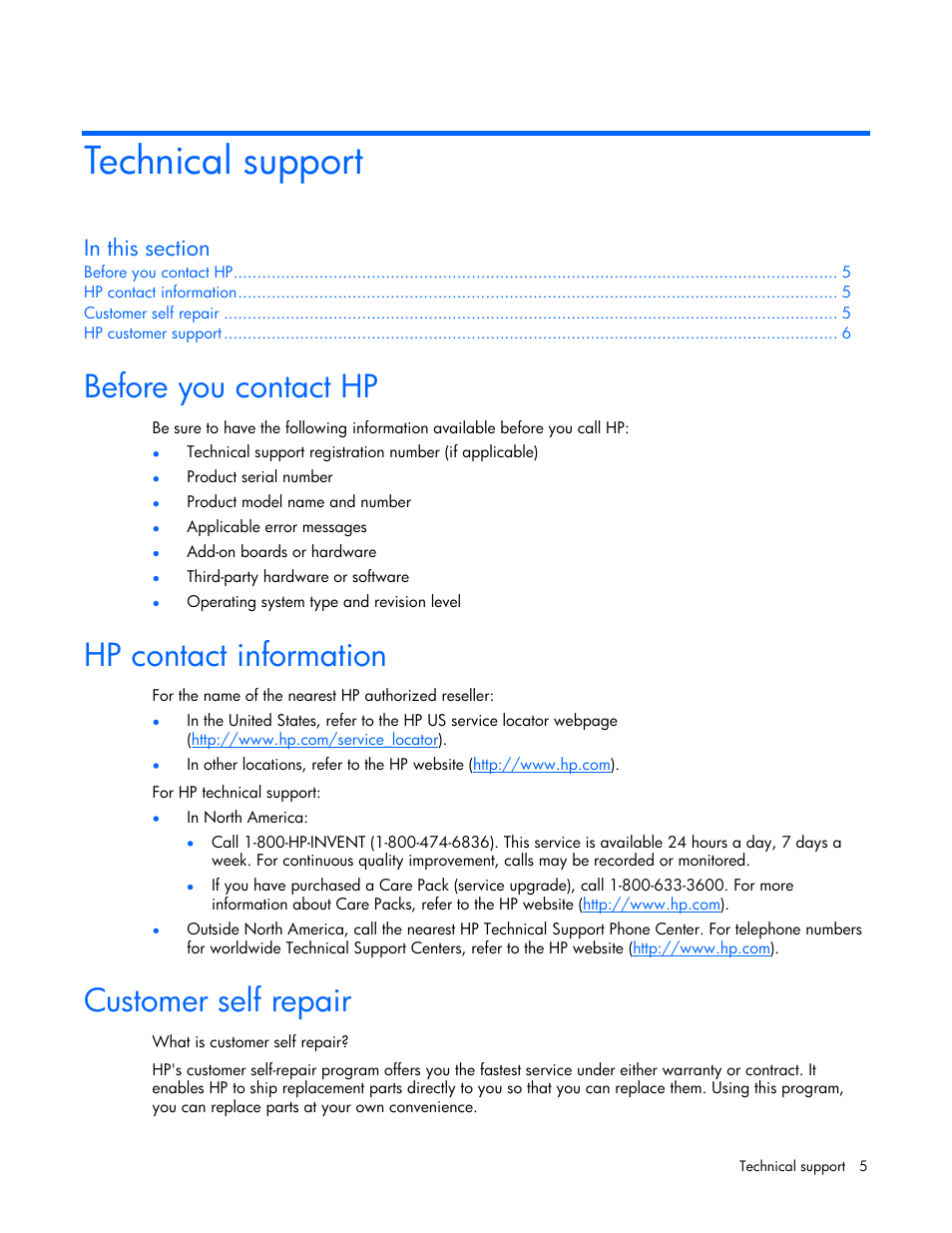 Technical support, Before you contact hp, Hp contact information | Customer self repair | HP ProLiant DL320 G4 Server User Manual | Page 5 / 37