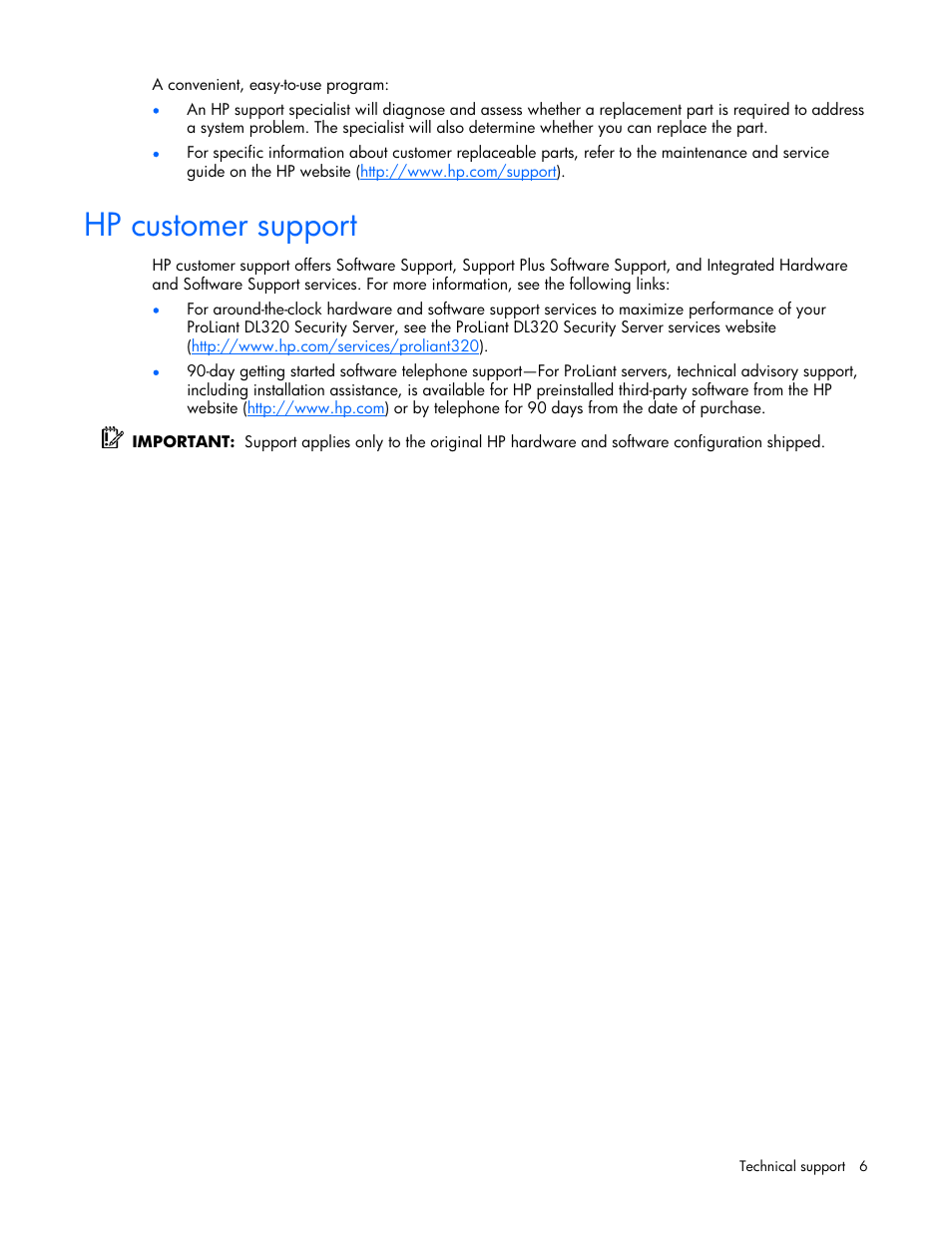 Hp customer support | HP ProLiant DL320 G4 Server User Manual | Page 6 / 37