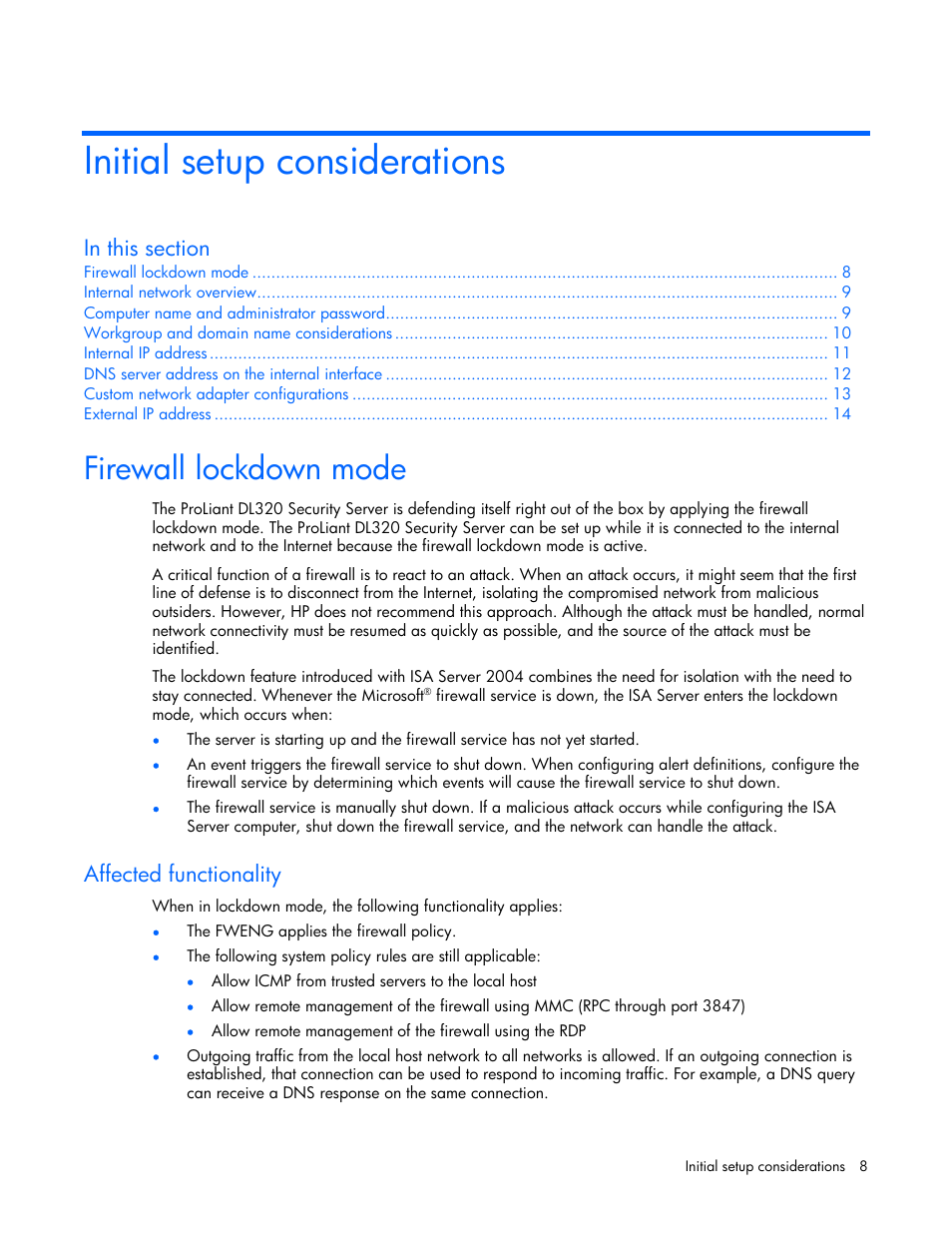 Initial setup considerations, Firewall lockdown mode, Affected functionality | HP ProLiant DL320 G4 Server User Manual | Page 8 / 37