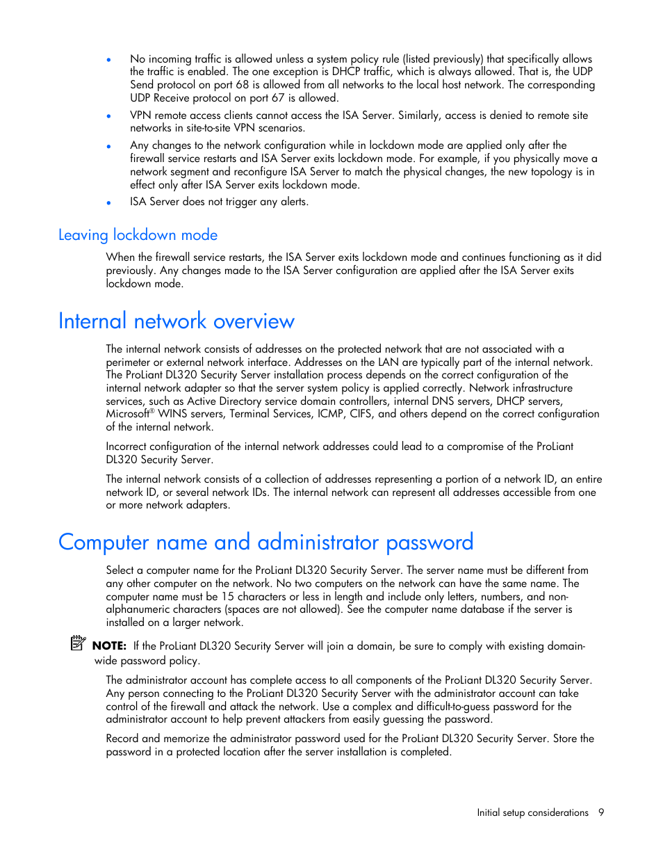 Leaving lockdown mode, Internal network overview, Computer name and administrator password | 9 computer name and administrator password | HP ProLiant DL320 G4 Server User Manual | Page 9 / 37