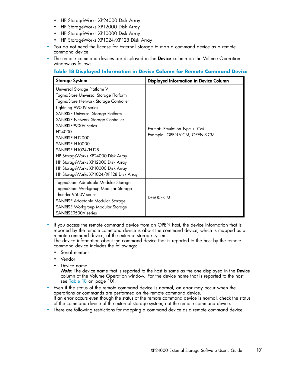 18 displayed, Information, Device | Column, Remote, Command | HP XP External Storage Software User Manual | Page 101 / 138