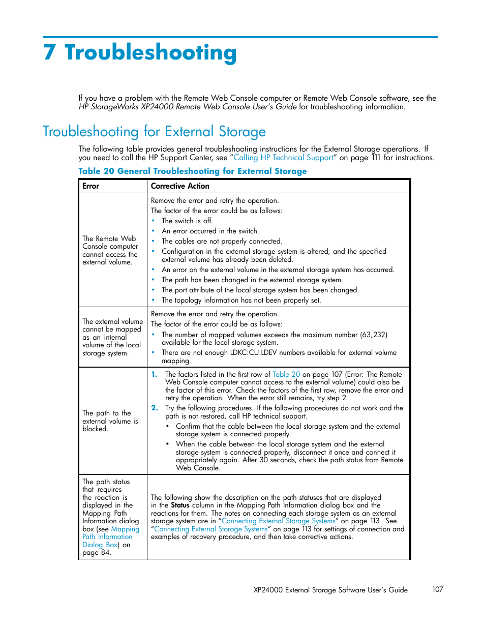 7 troubleshooting, Troubleshooting for external storage, 20 general troubleshooting for external storage | HP XP External Storage Software User Manual | Page 107 / 138