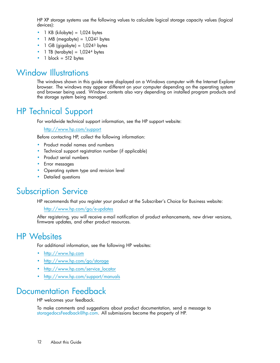 Window illustrations, Hp technical support, Subscription service | Hp websites, Documentation feedback | HP XP External Storage Software User Manual | Page 12 / 138