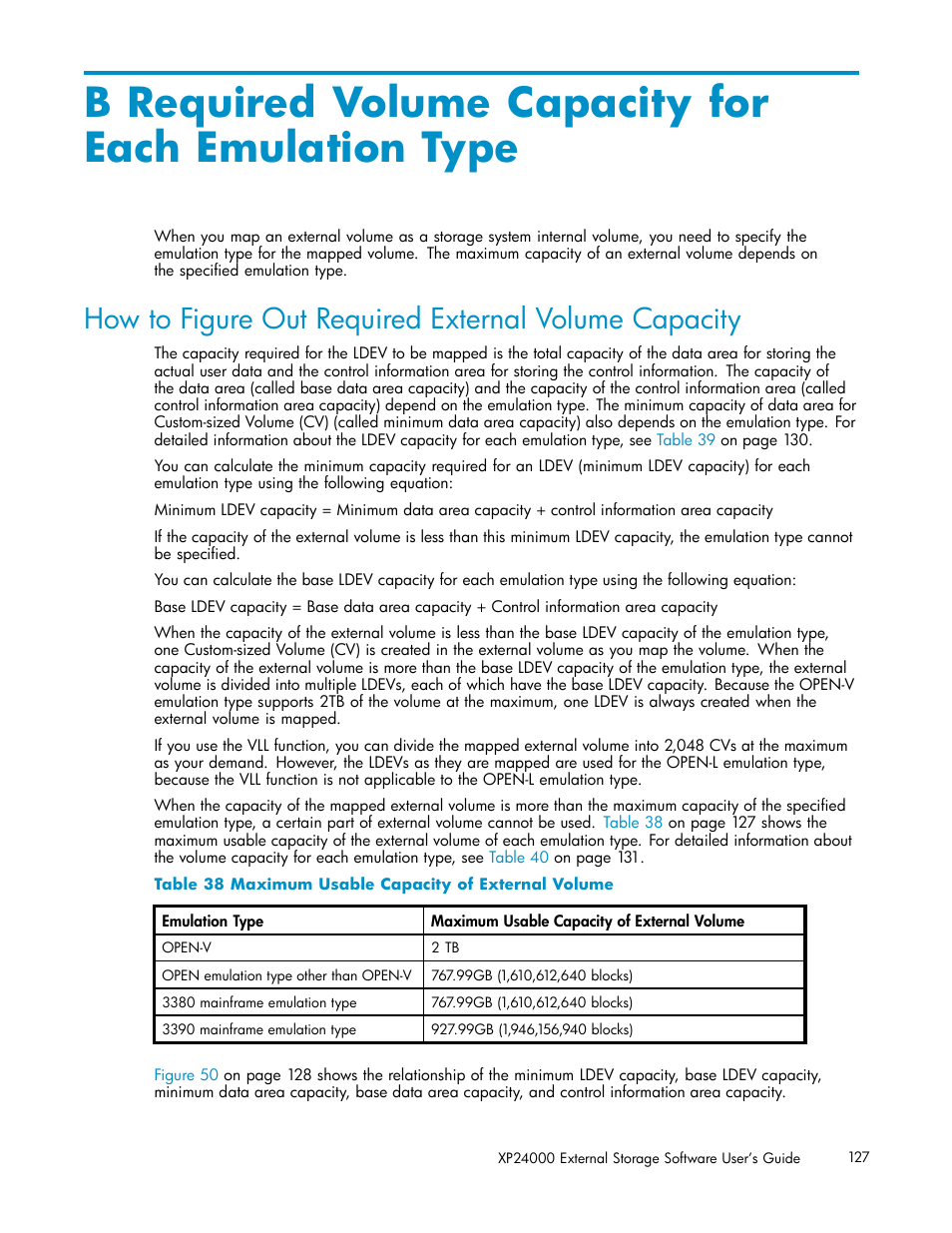 B required volume capacity for each emulation type, 38 maximum usable capacity of external volume, Required volume capacity for each emulation type | HP XP External Storage Software User Manual | Page 127 / 138