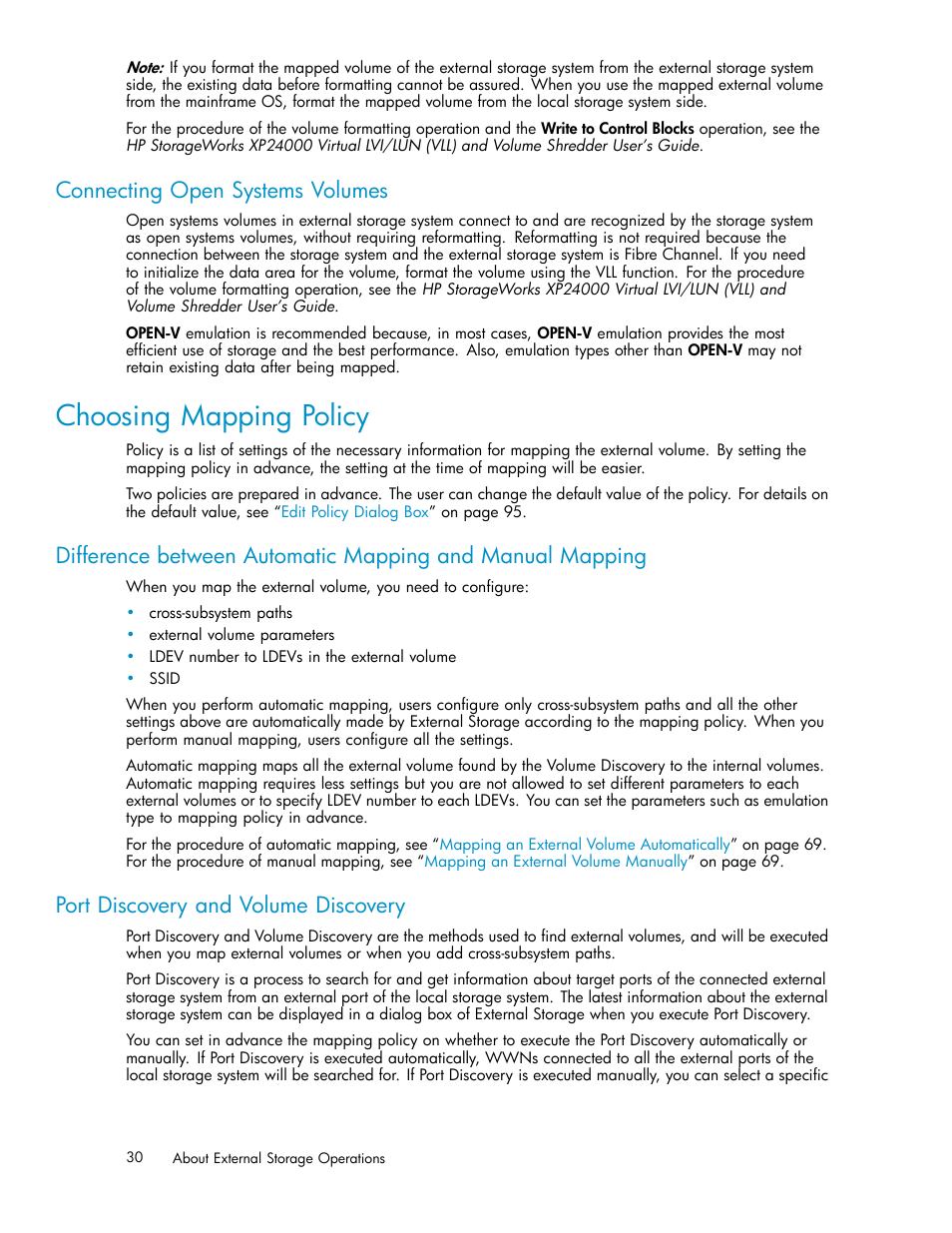 Choosing mapping policy, Connecting open systems volumes, Port discovery and volume discovery | HP XP External Storage Software User Manual | Page 30 / 138