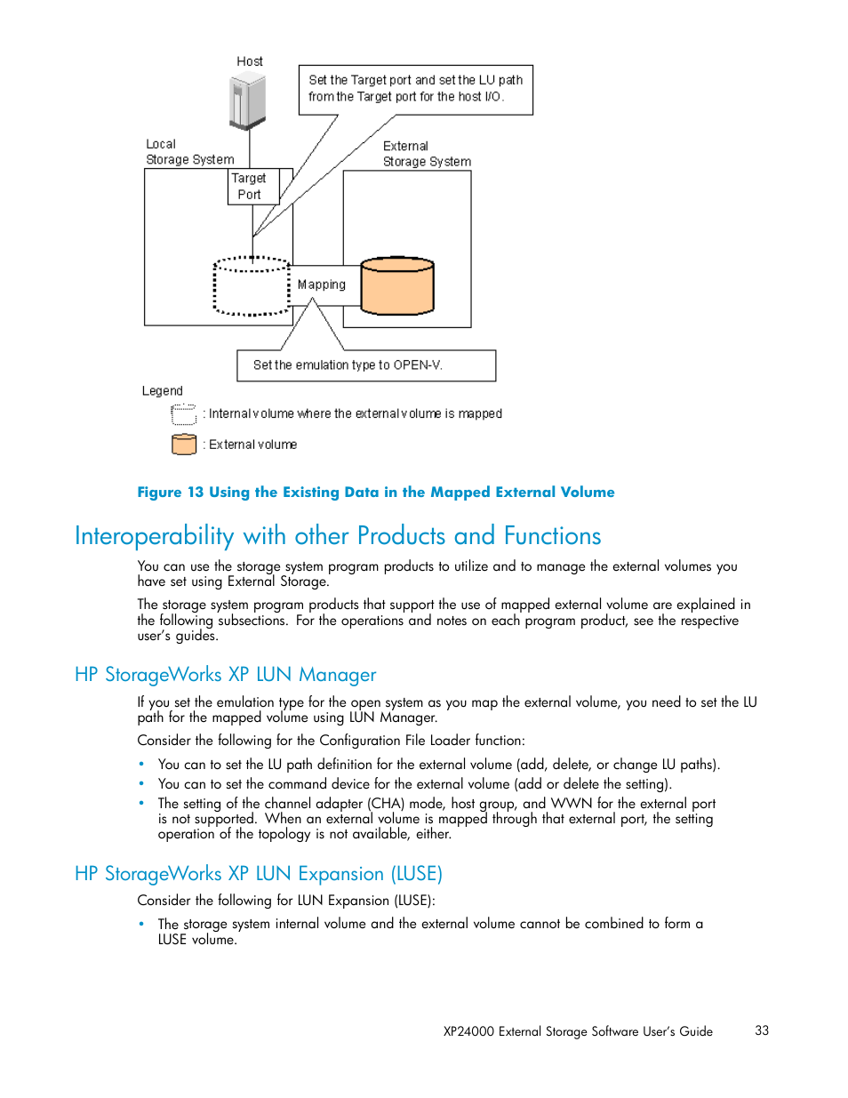 Interoperability with other products and functions, Hp storageworks xp lun manager, Hp storageworks xp lun expansion (luse) | HP XP External Storage Software User Manual | Page 33 / 138