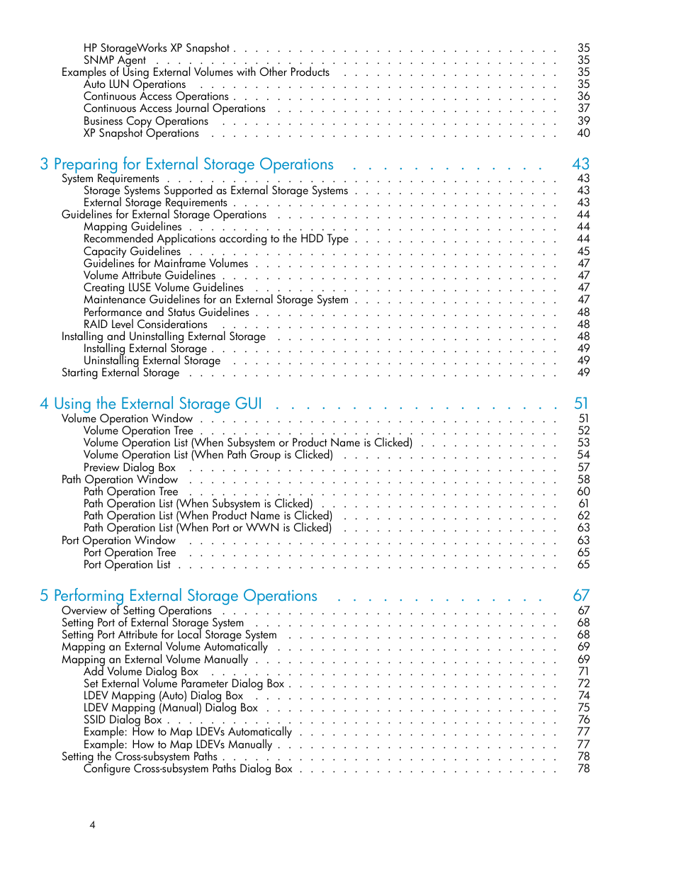 3 preparing for external storage operations, 4 using the external storage gui, 5 performing external storage operations | HP XP External Storage Software User Manual | Page 4 / 138