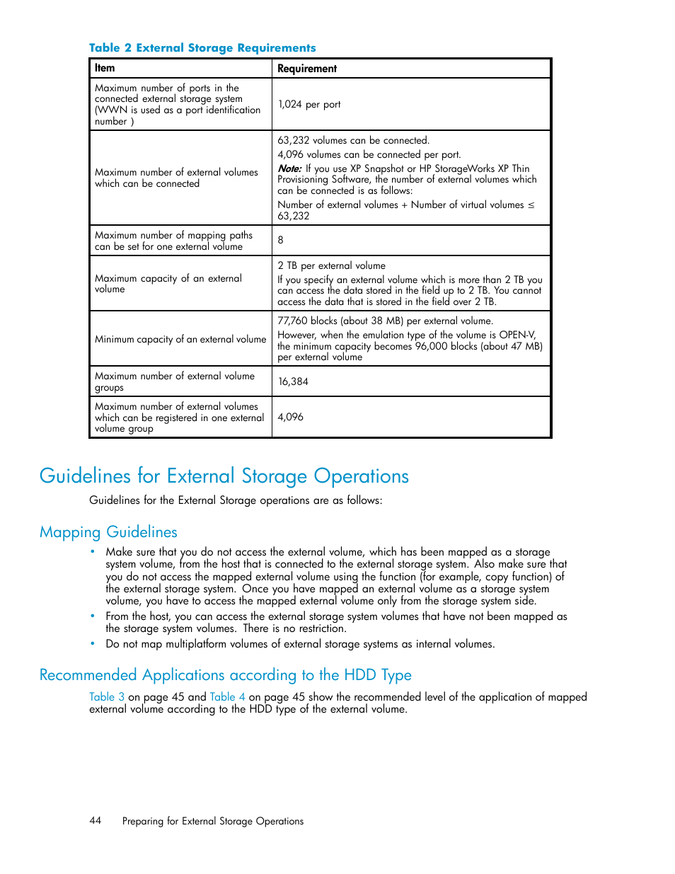 Guidelines for external storage operations, Mapping guidelines, Recommended applications according to the hdd type | 2 external storage requirements | HP XP External Storage Software User Manual | Page 44 / 138