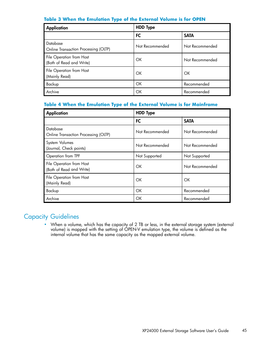 Capacity guidelines, 3 when, Emulation | Type, External, Volume, Open, Table 3, Table 4 | HP XP External Storage Software User Manual | Page 45 / 138