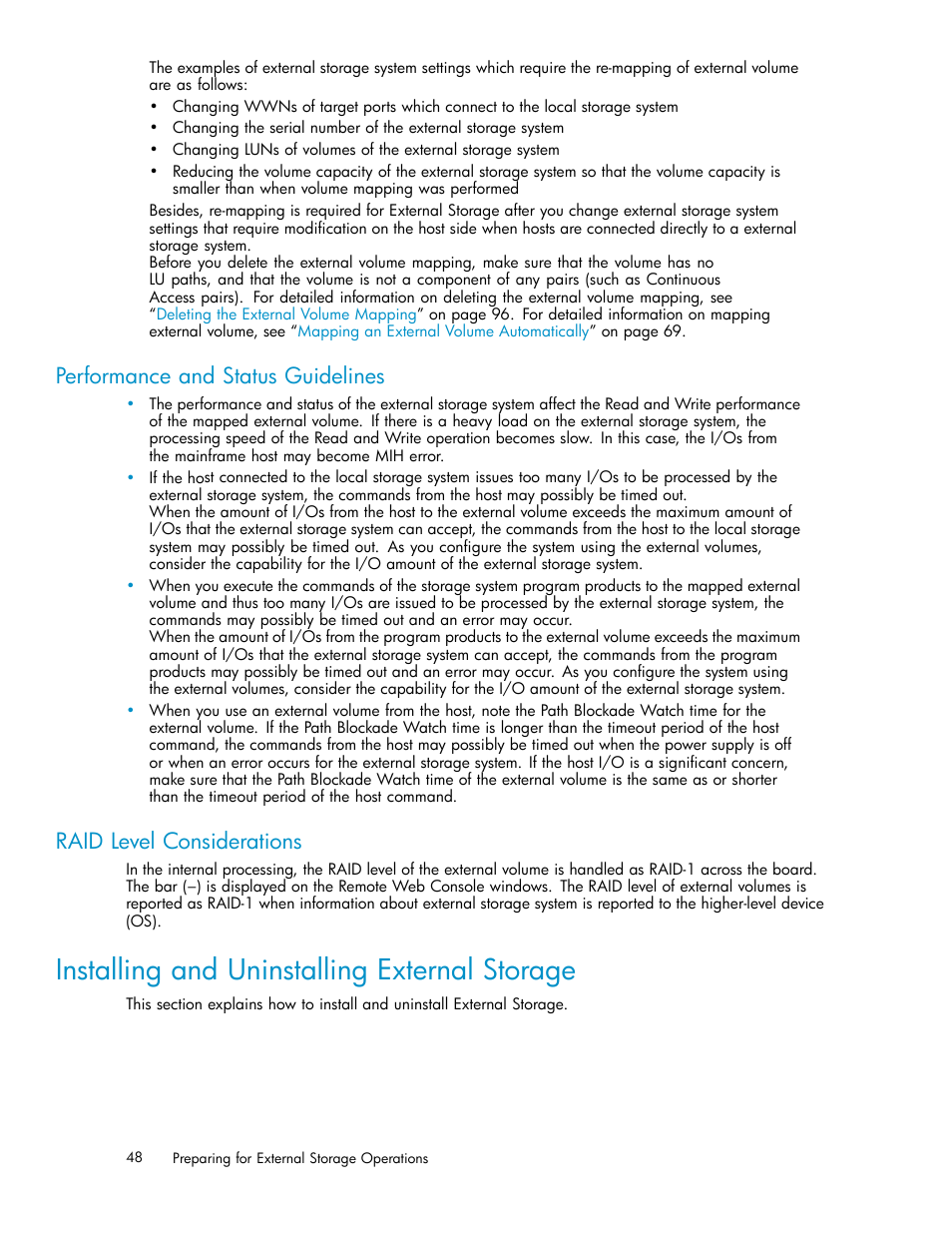 Installing and uninstalling external storage, Performance and status guidelines, Raid level considerations | HP XP External Storage Software User Manual | Page 48 / 138