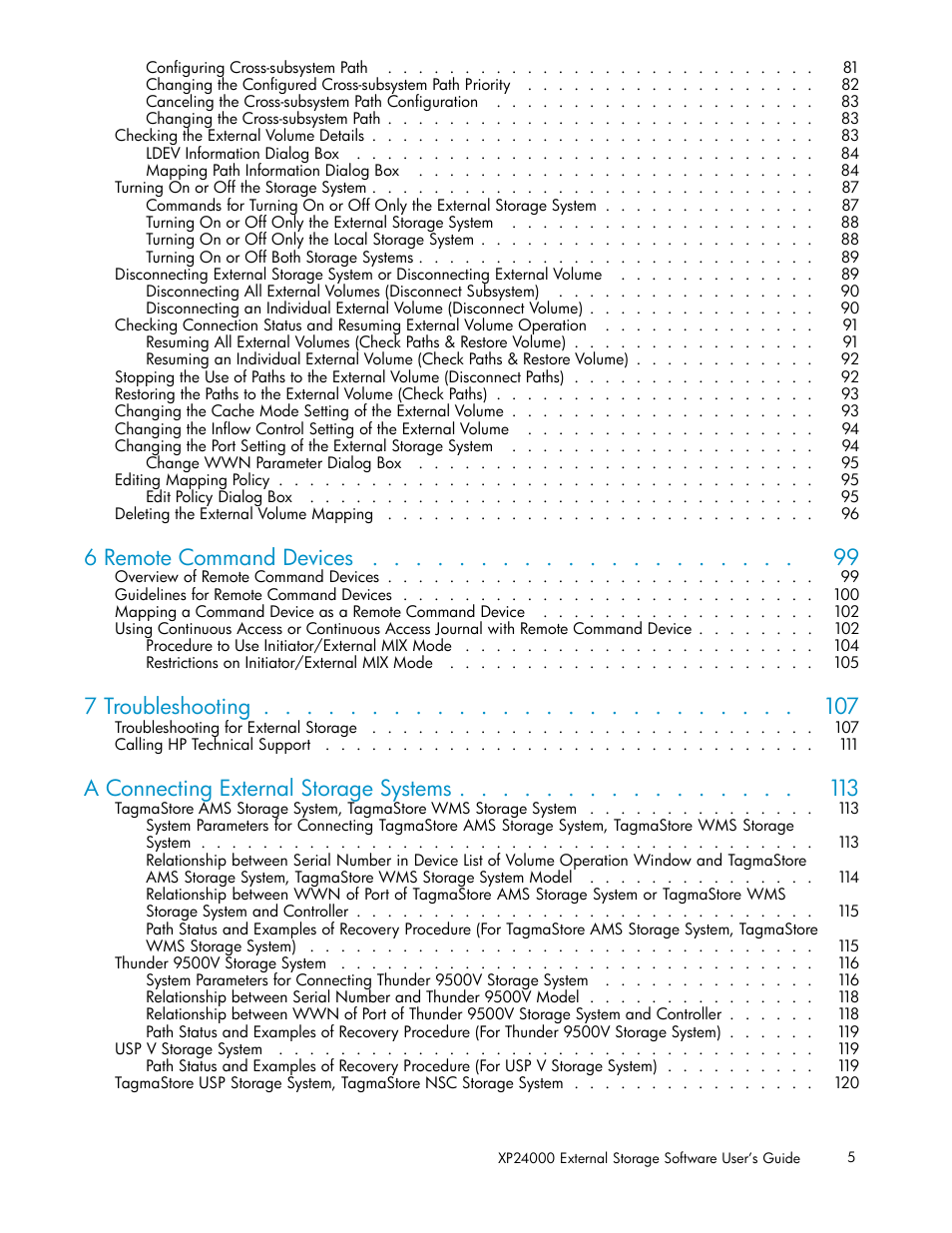 6 remote command devices, 7 troubleshooting, A connecting external storage systems | HP XP External Storage Software User Manual | Page 5 / 138