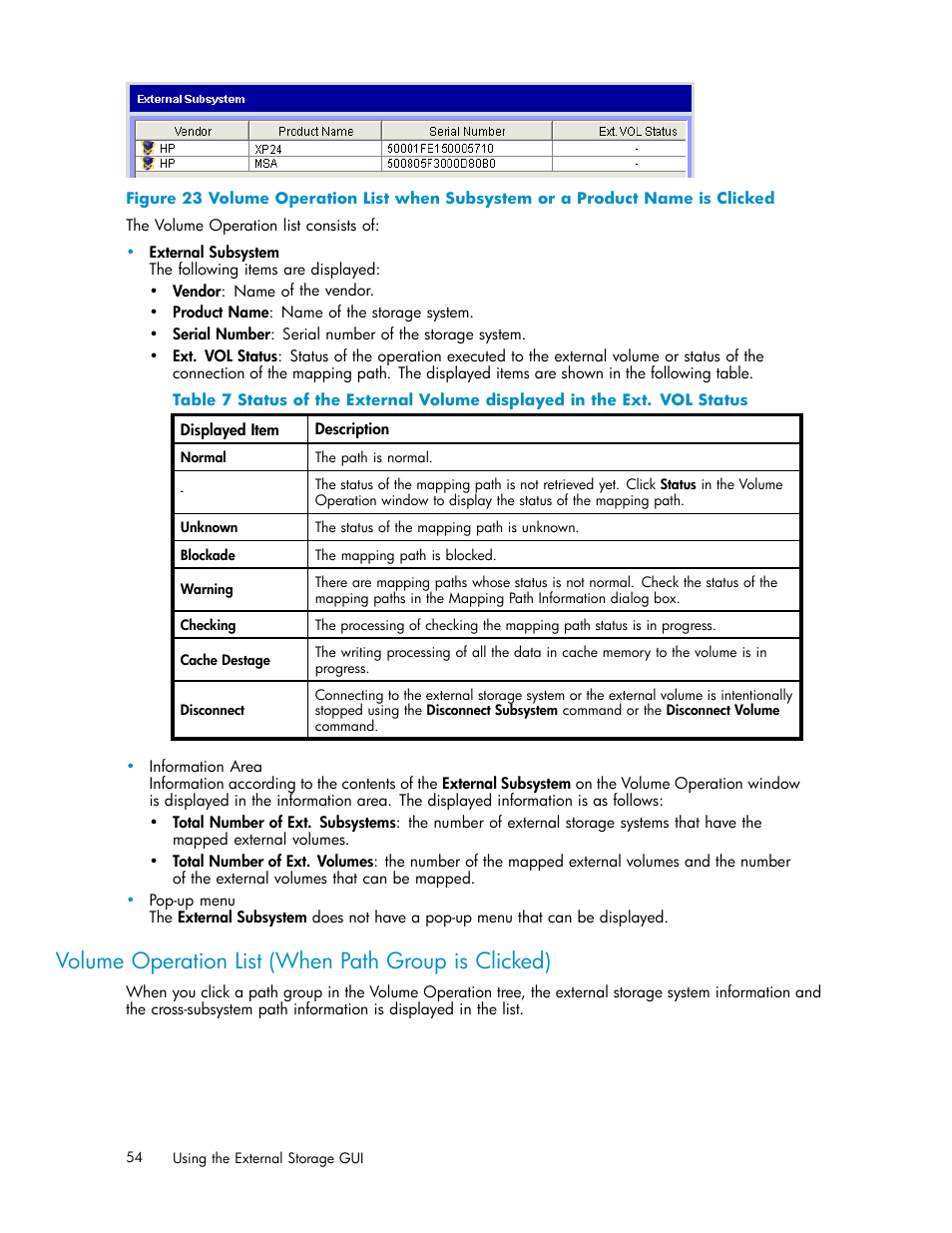 Volume operation list (when path group is clicked), Volume, Operation list (when | Path group is clicked) | HP XP External Storage Software User Manual | Page 54 / 138