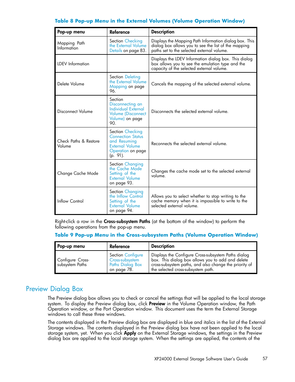 Preview dialog box, 8 pop-up, Menu | External, Volumes, Volume, Operation, Window) | HP XP External Storage Software User Manual | Page 57 / 138