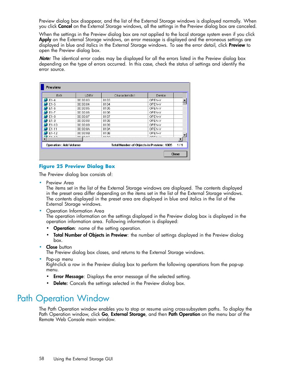 Path operation window, 25 preview dialog box | HP XP External Storage Software User Manual | Page 58 / 138