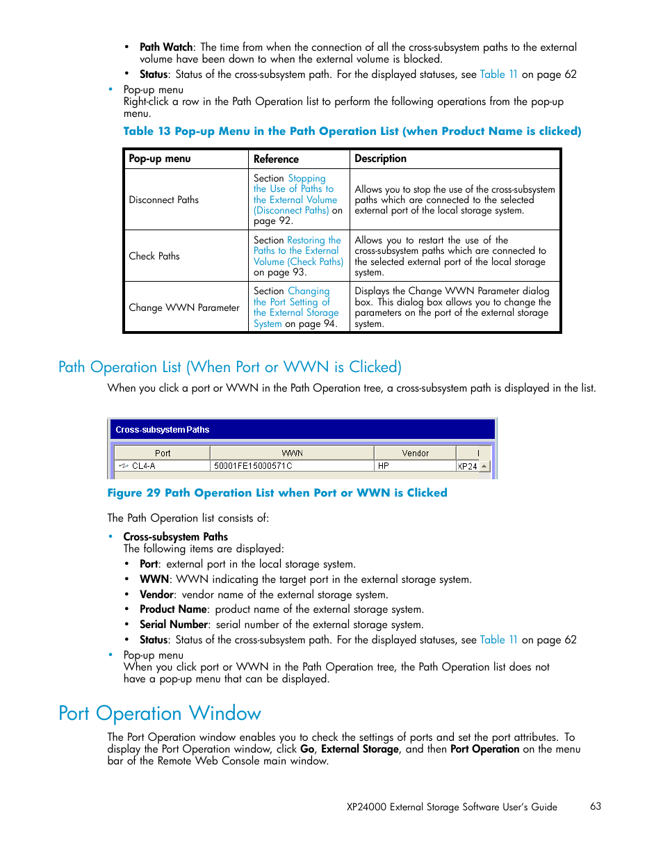 Port operation window, Path operation list (when port or wwn is clicked), 29 path operation list when port or wwn is clicked | Path, Operation list, When port or, Wwn is clicked), Ge63 | HP XP External Storage Software User Manual | Page 63 / 138